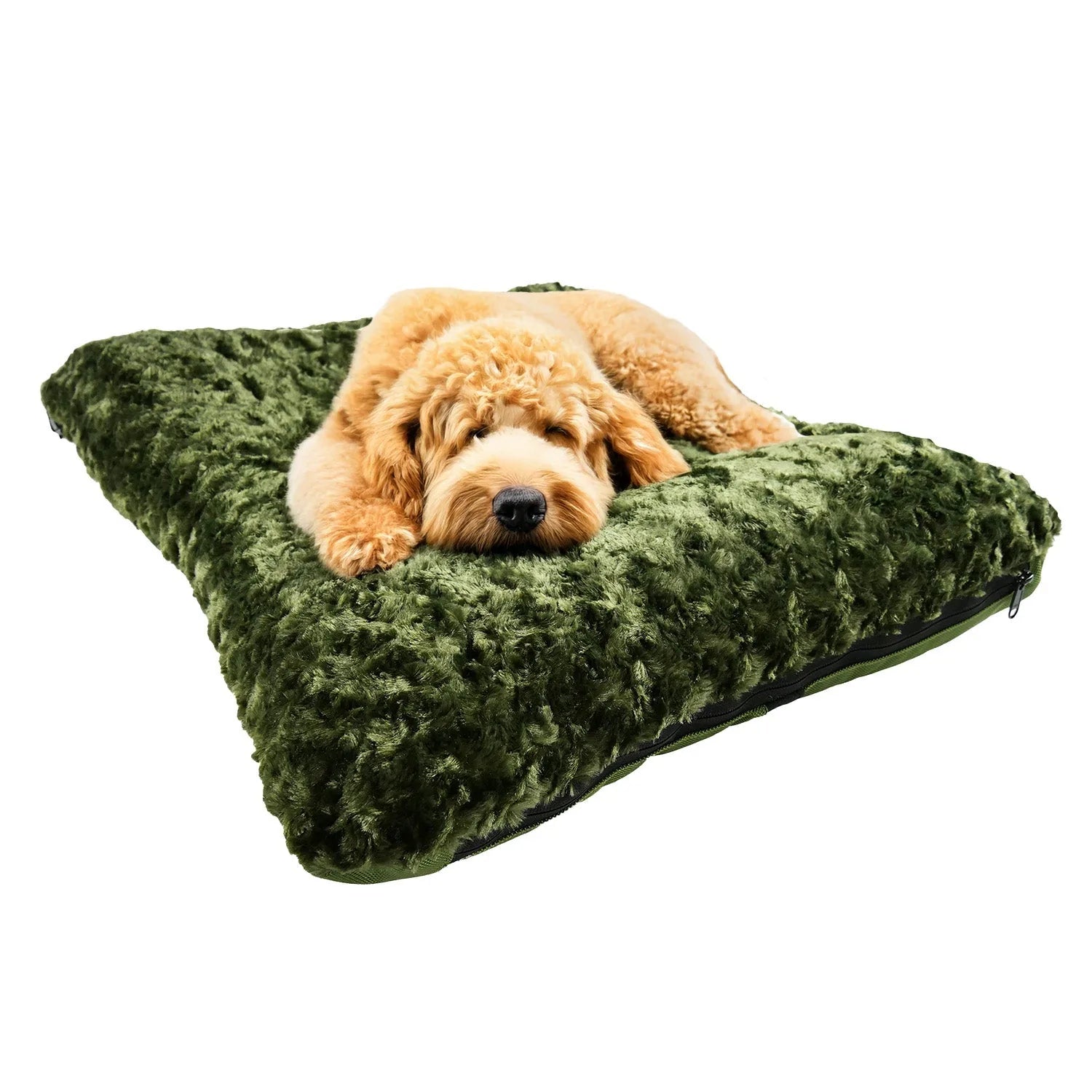 Cozy olive green bolstered dog bed with a soft, textured surface, featuring a resting dog. Perfect for comfort and support.