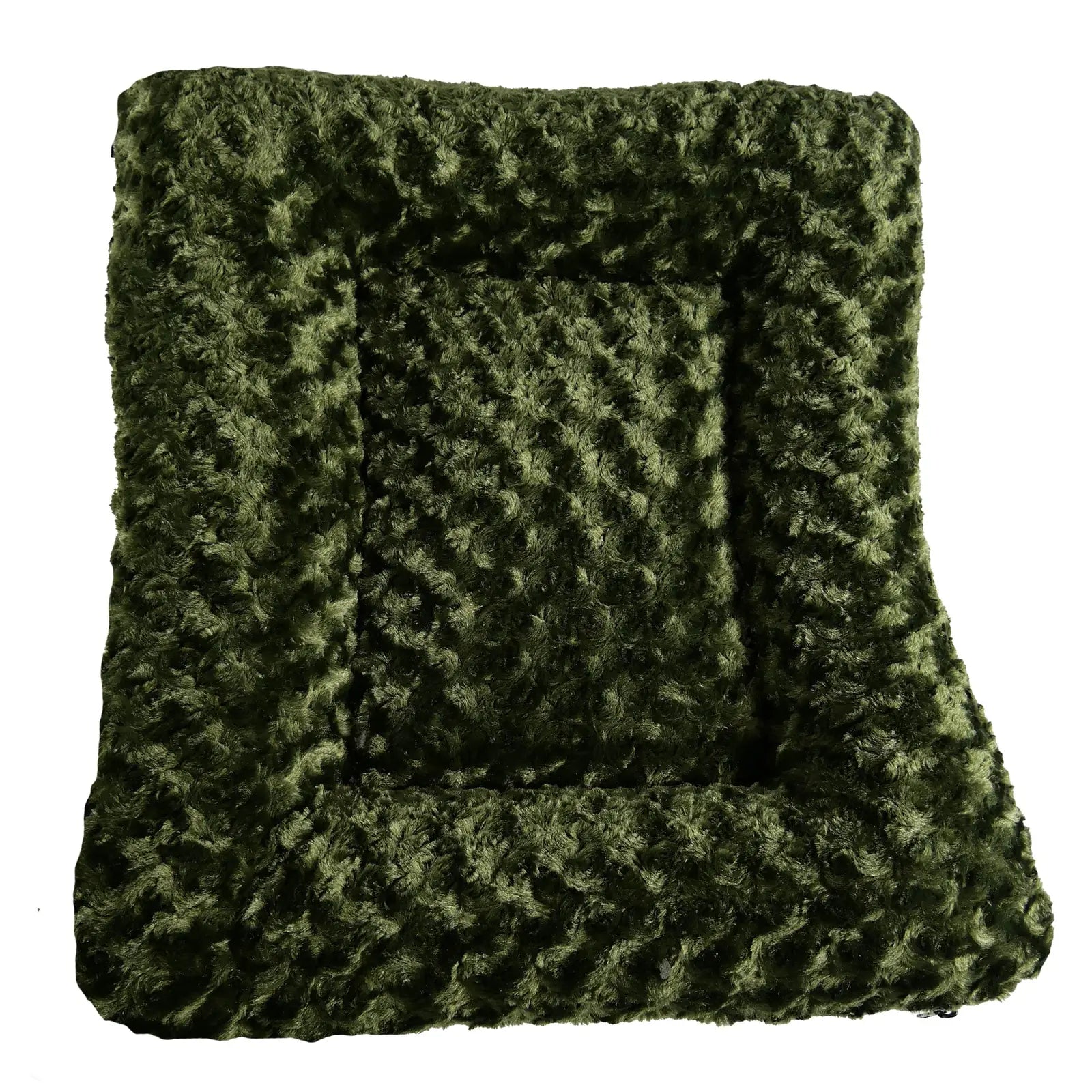 Rectangular dog bed in olive green Minky Rose Fleece, featuring plush bolsters and a textured, cozy design.