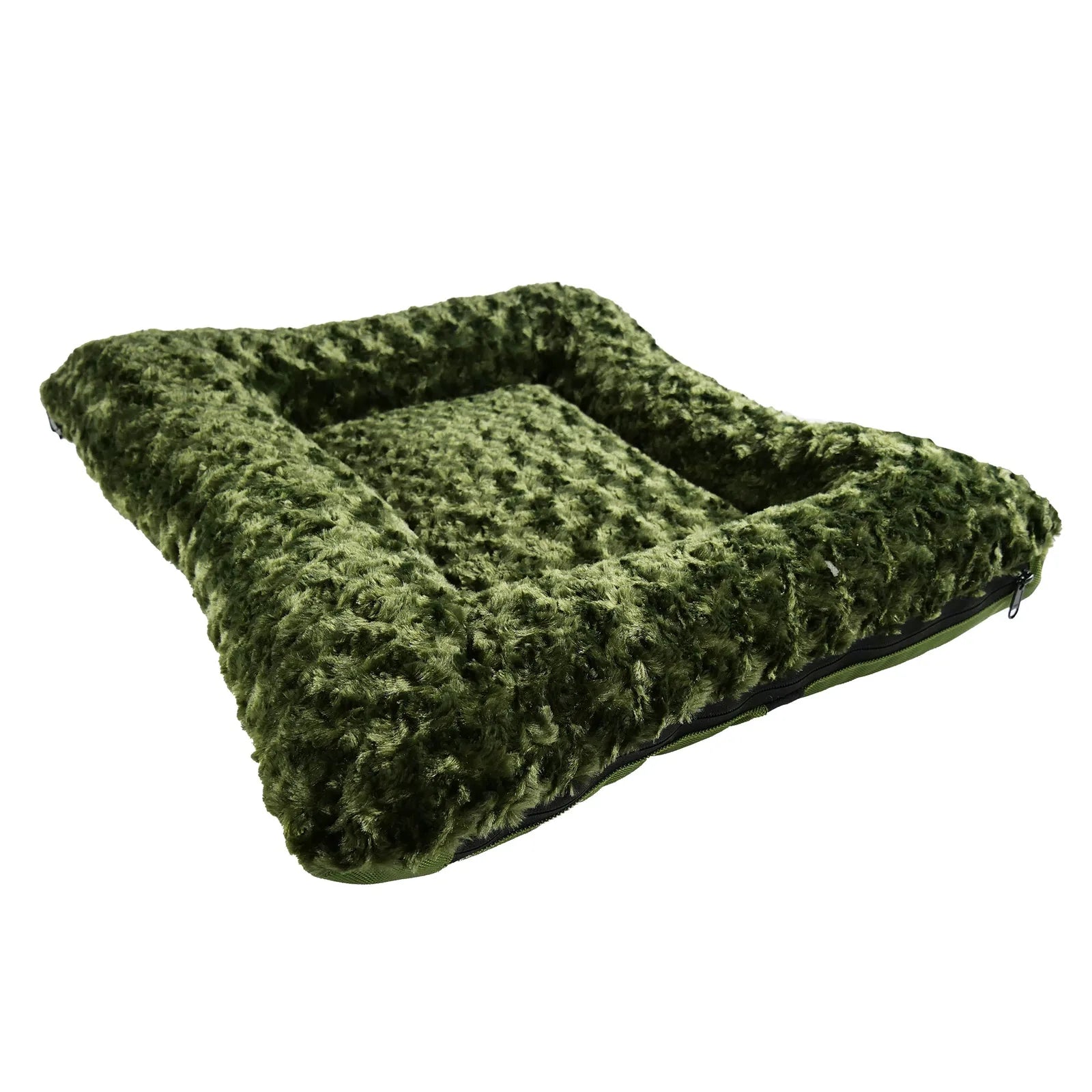 Rectangle bolstered dog bed in olive green, featuring a soft, plush Minky Rose Fleece exterior and cozy design.