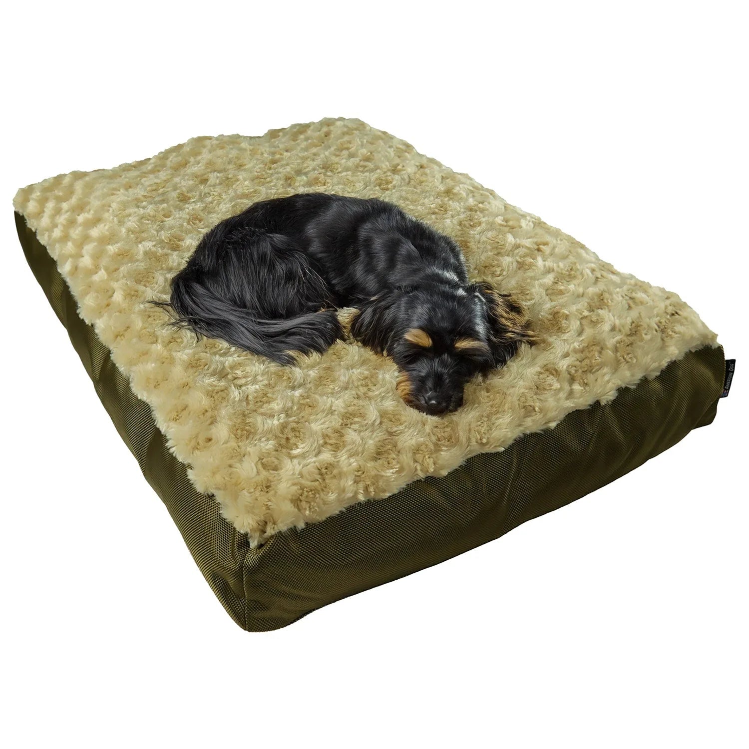Orthopedic dog bed in olive green with plush cream fleece, featuring a sleeping black dog for ultimate comfort.