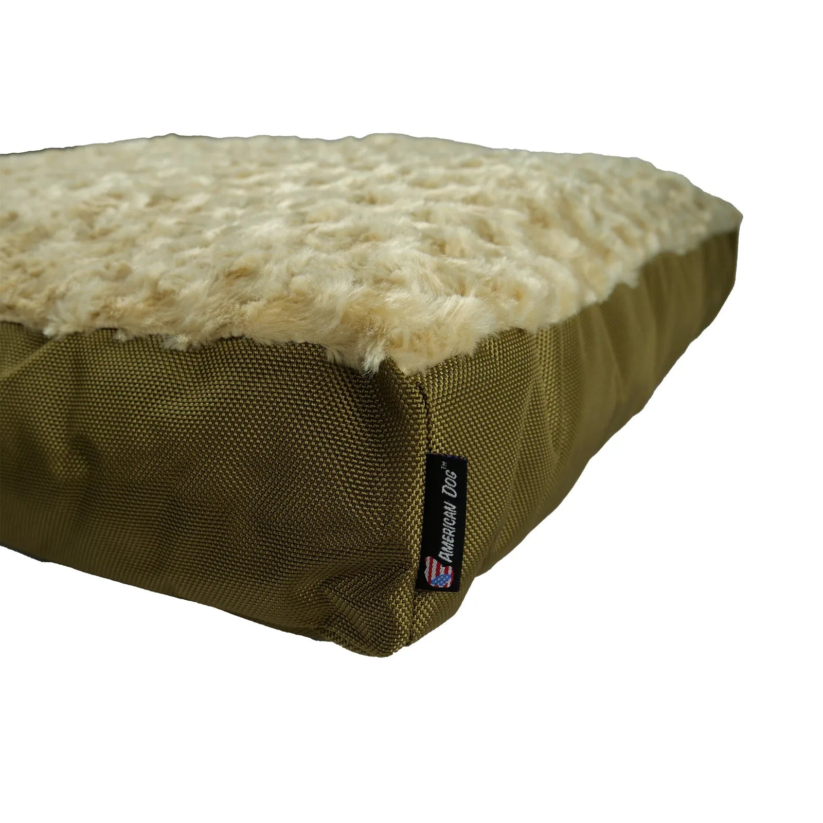 Orthopedic dog bed in olive green with soft, plush Minky Rose Fleece surface and durable nylon sides, offering comfort and...