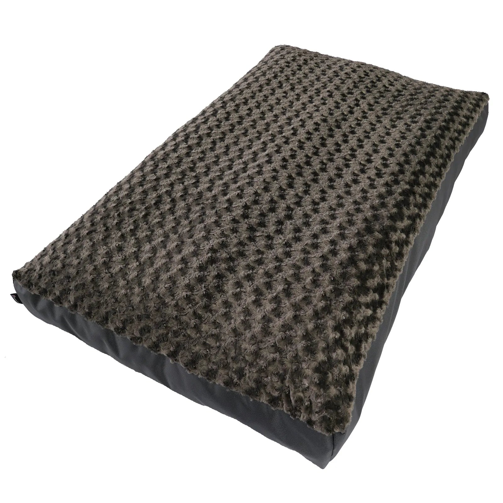 Soft, plush orthopedic dog bed in charcoal with a textured Minky Rose Fleece cover, perfect for cozy resting.