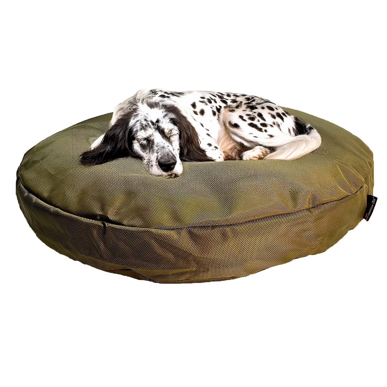 Durable round dog bed in olive green with a sleeping dog, featuring rugged ballistic fabric and orthopedic support.