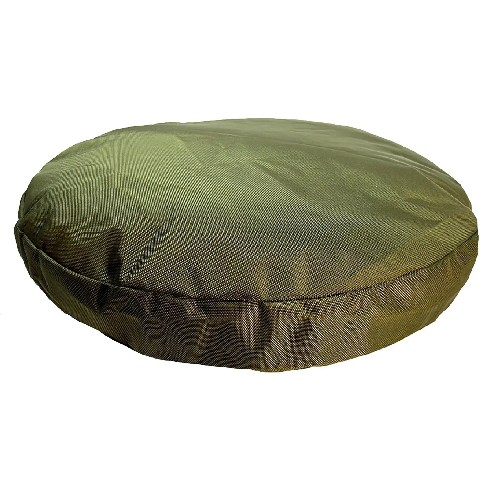 Durable round dog bed in olive green, made from rugged nylon ballistic fabric for heavy chewers and outdoor adventures.