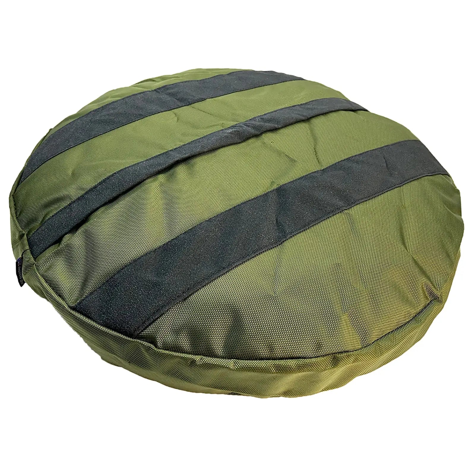 Round dog bed in olive green with black stripes, made from durable 1680D Nylon Ballistic fabric for heavy chewers.