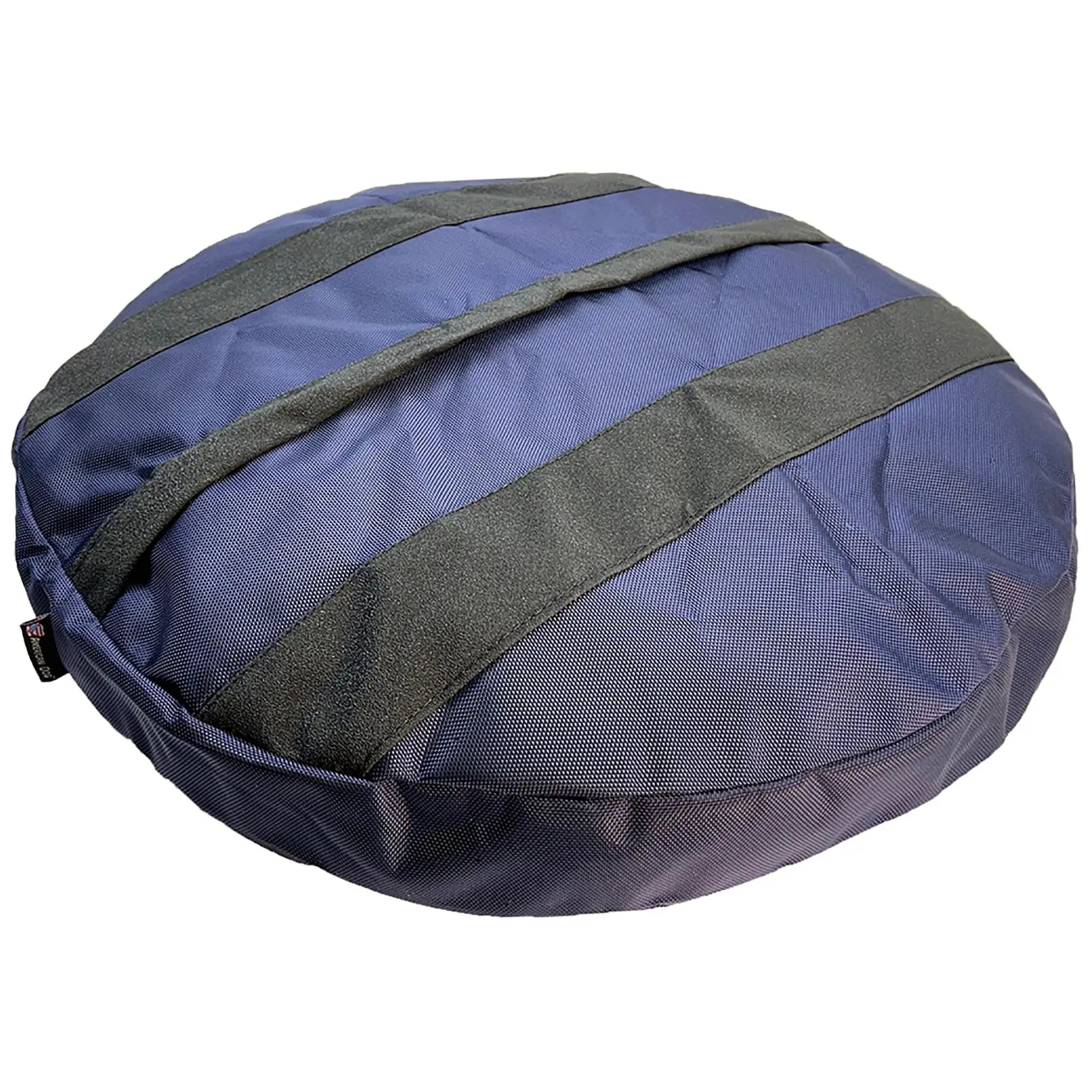 Round dog bed in navy blue with gray straps, made from durable nylon fabric, designed for comfort and support.
