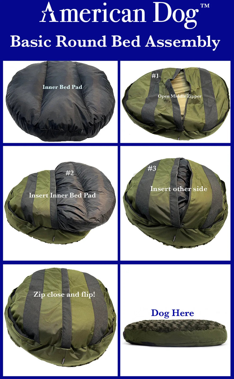 Round black and olive dog bed assembly steps with zippers and inner pad placement instructions.