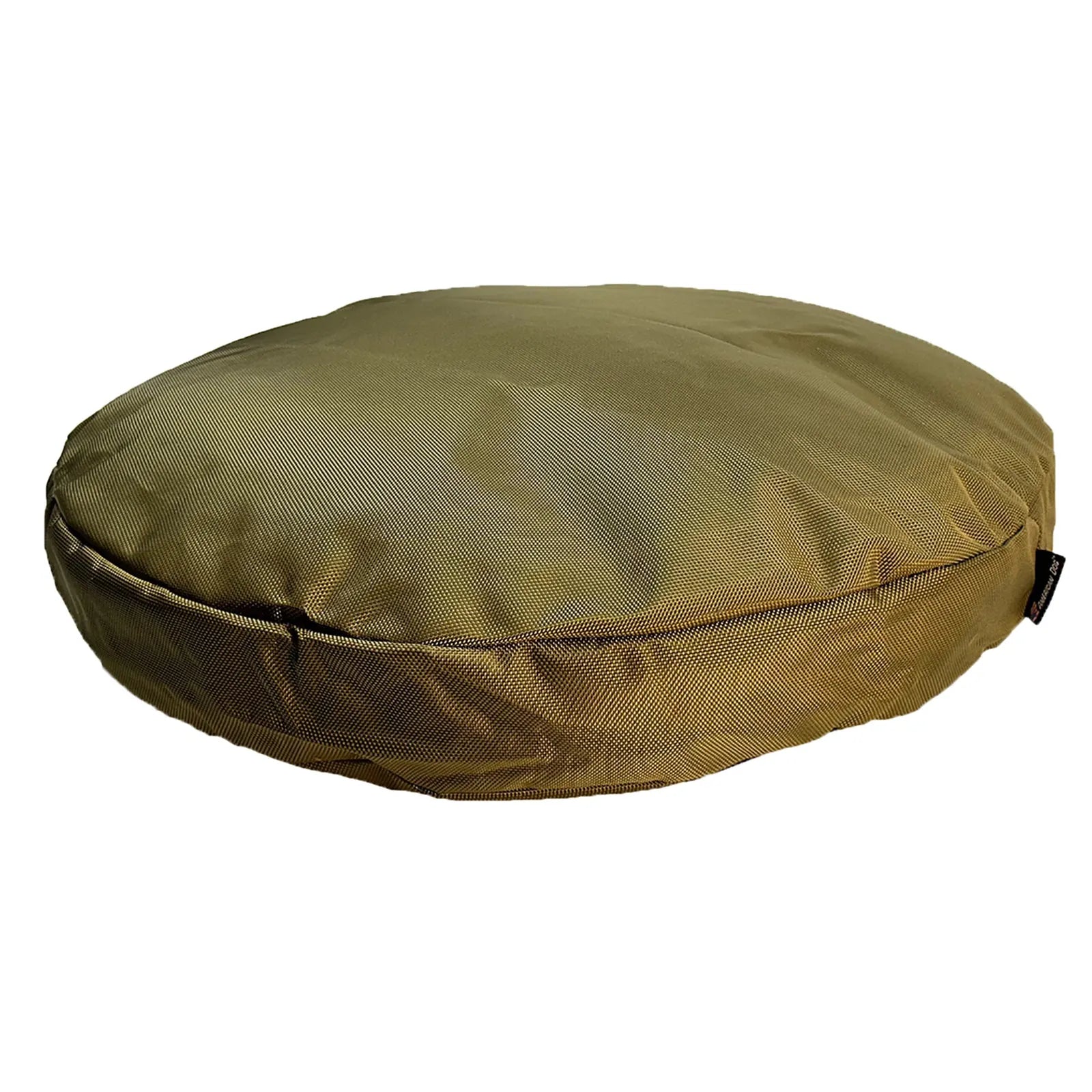 Round dog bed in olive green, made with durable 1680D nylon fabric, featuring a seamless design for comfort.