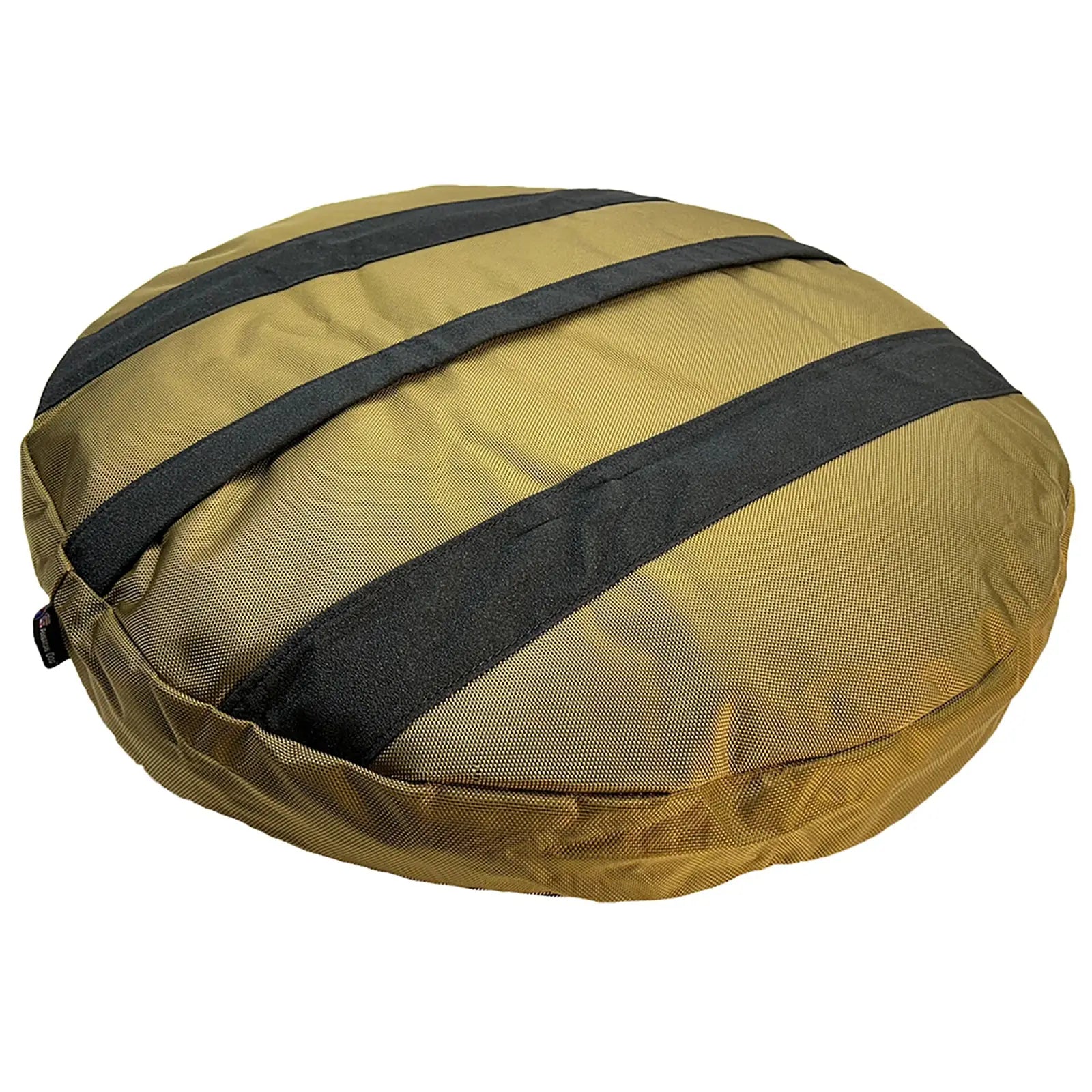 Round dog bed in olive green with black accents, made from durable nylon ballistic fabric for heavy chewers.