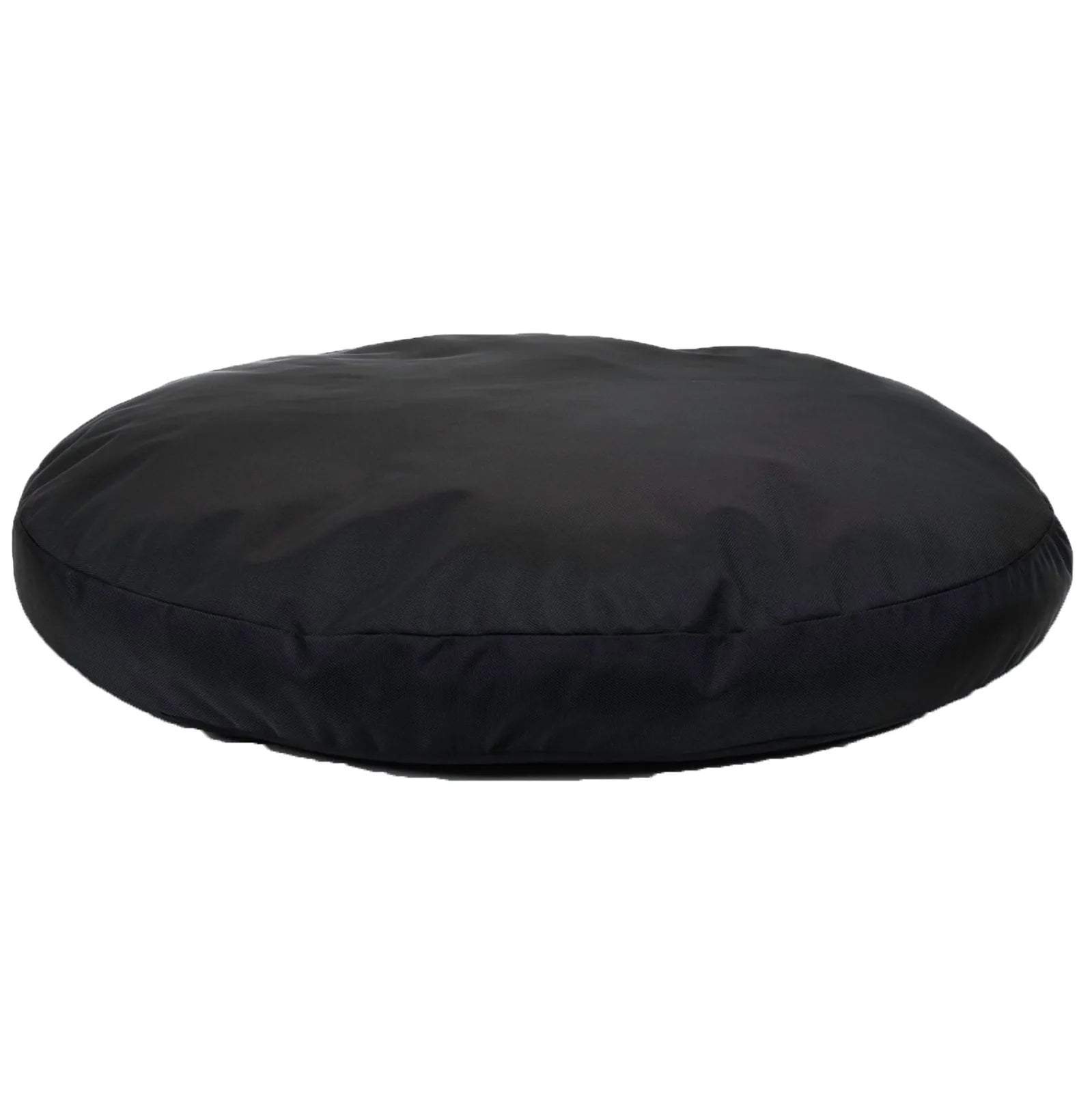 Black round dog bed made from durable nylon fabric, featuring a smooth surface and thick cushioning for comfort.