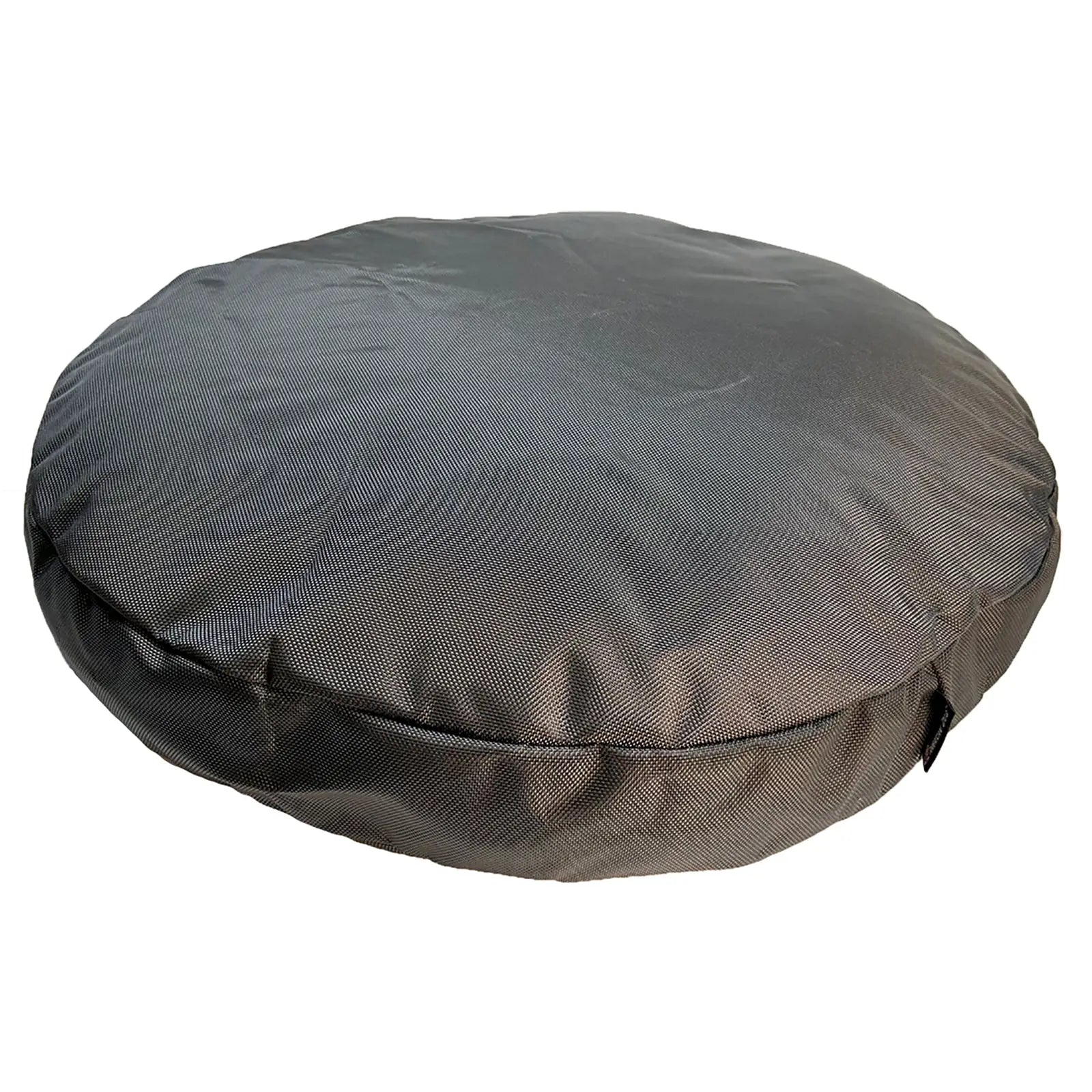 Durable black round dog bed made from rugged ballistic nylon, designed for comfort and support for heavy chewers.