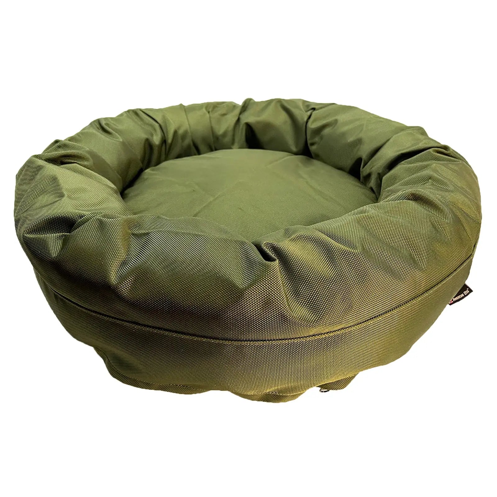 Round orthopedic dog bed in olive green, featuring bolstered sides and durable fabric for comfort and support.