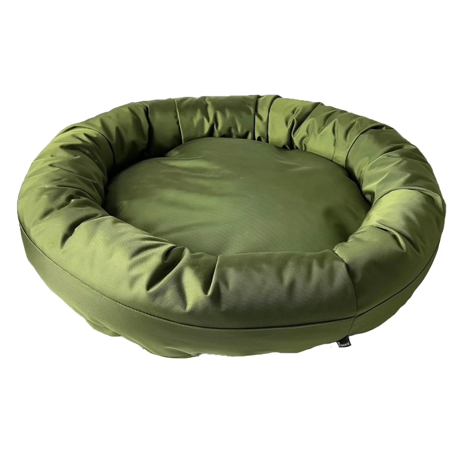 Round bolstered dog bed in olive green, made from durable nylon fabric for comfort and support.