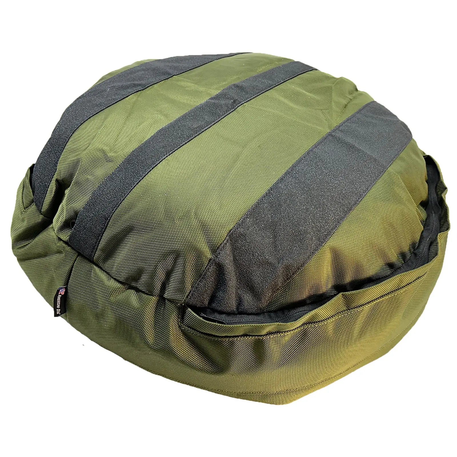 Round, olive dog bed with bolstered sides and rugged fabric, featuring dark stripes and a non-slip base.