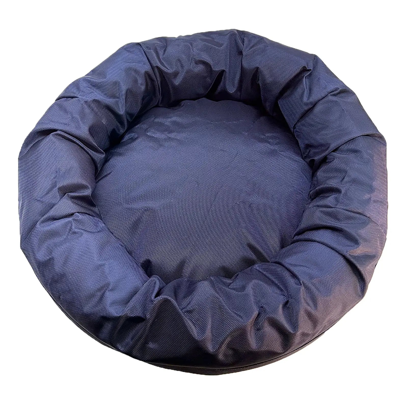 Round bolstered dog bed in charcoal, featuring a durable nylon cover and soft inner padding for comfort.