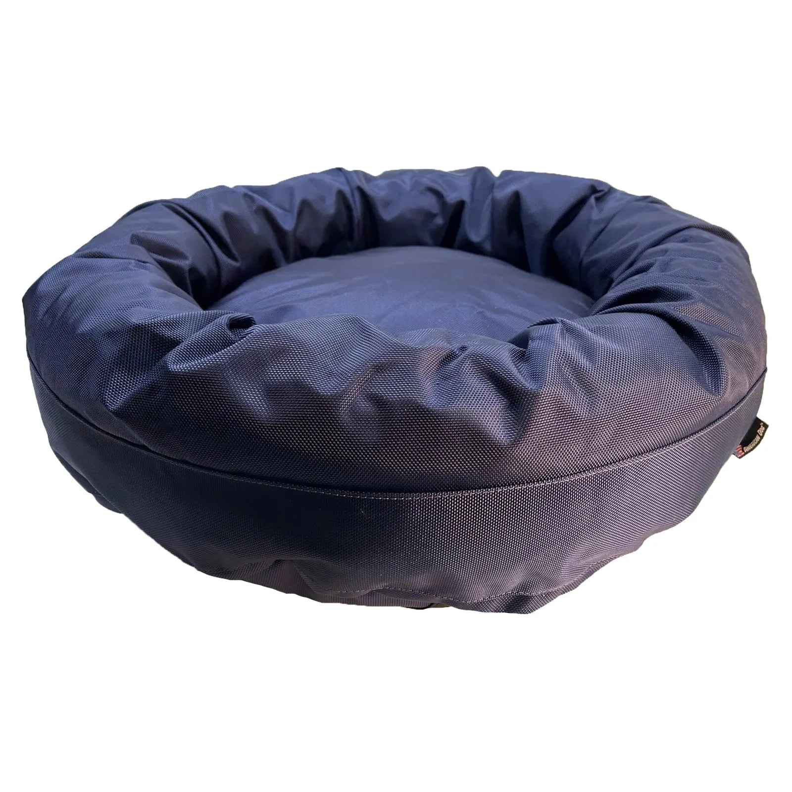 Round bolstered dog bed in charcoal fabric, featuring a durable, soft cover and nest-like design for comfort.