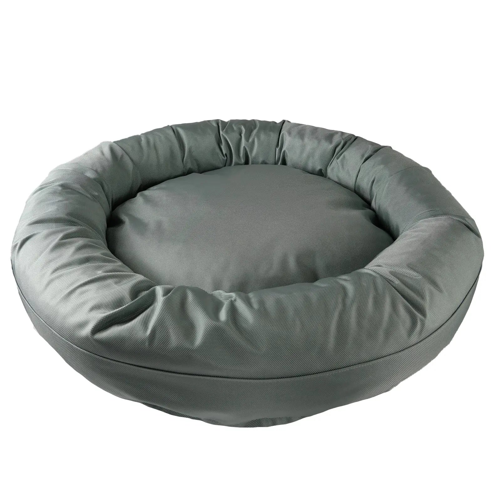 Round bolstered dog bed in olive green, featuring durable nylon fabric and a soft, comfy center for resting pets.