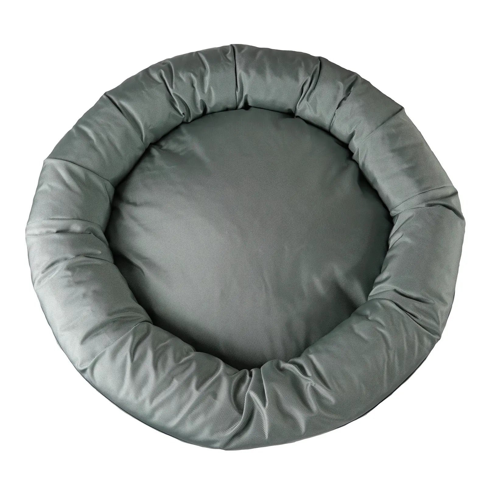 Round bolstered dog bed in charcoal, featuring a durable ballistic nylon cover and soft inner lining for comfort.