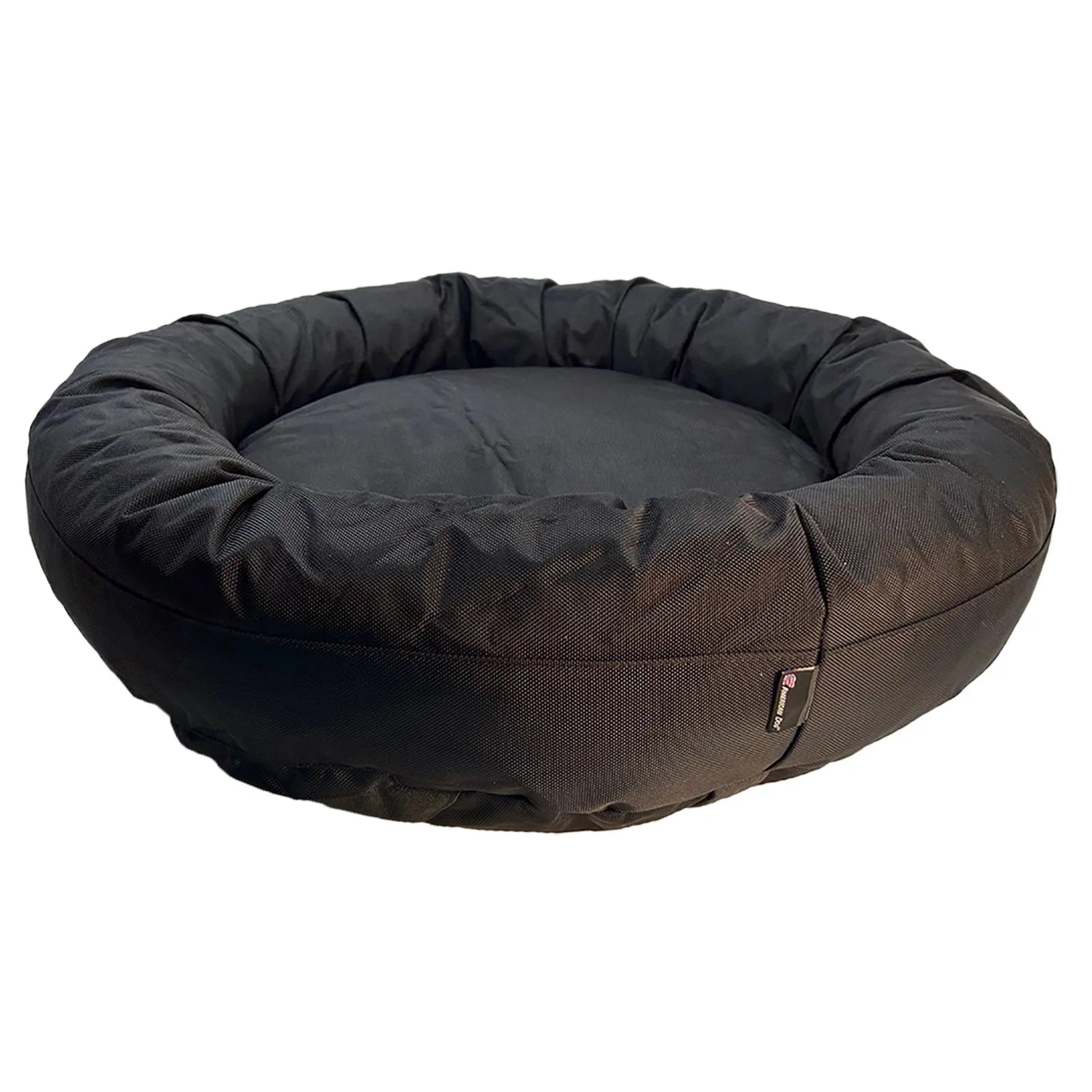 Orthopedic black round dog bed with bolstered sides, made from durable, machine-washable nylon fabric.