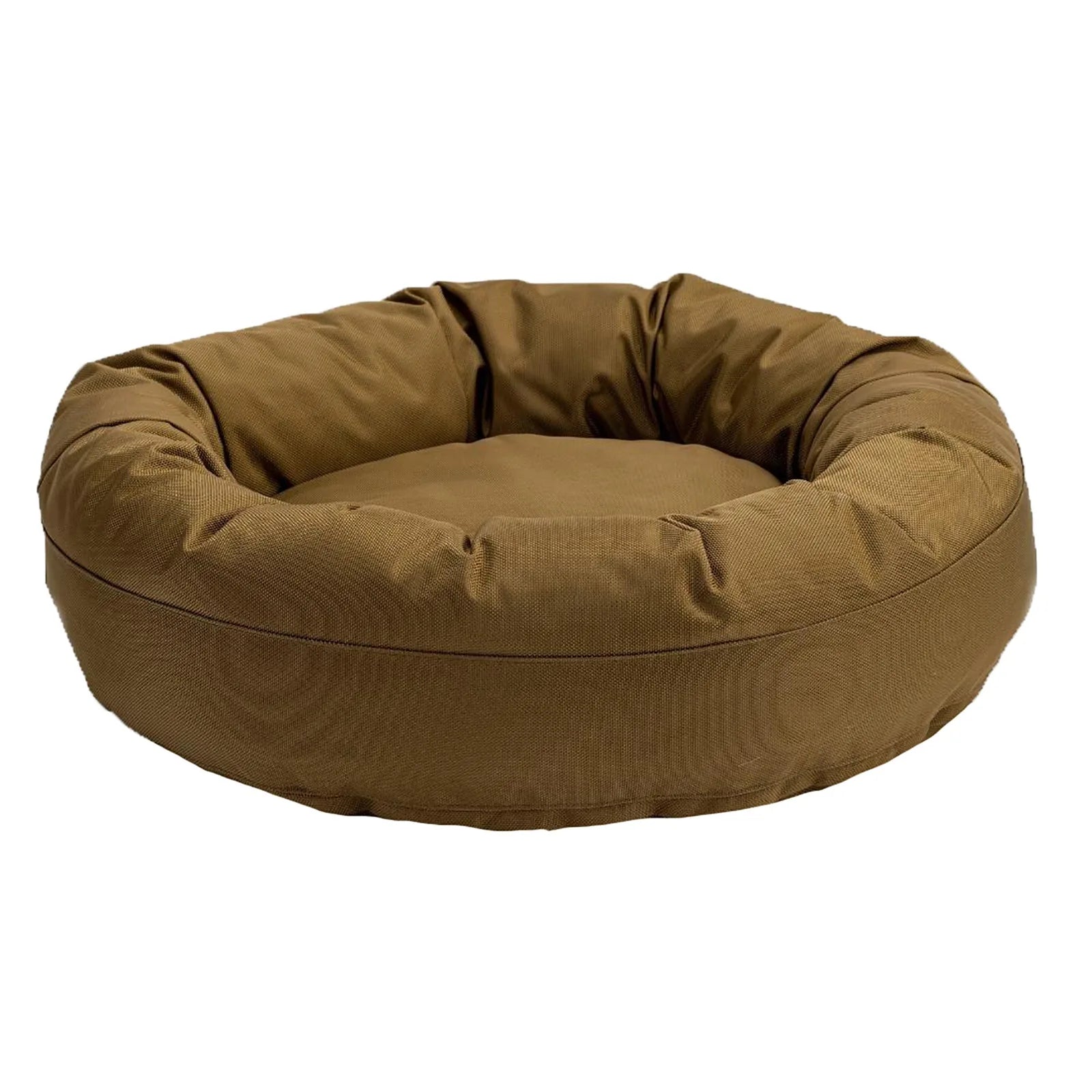 Round bolstered dog bed in camel color, featuring a durable fabric and plush cushioning for comfort and support.