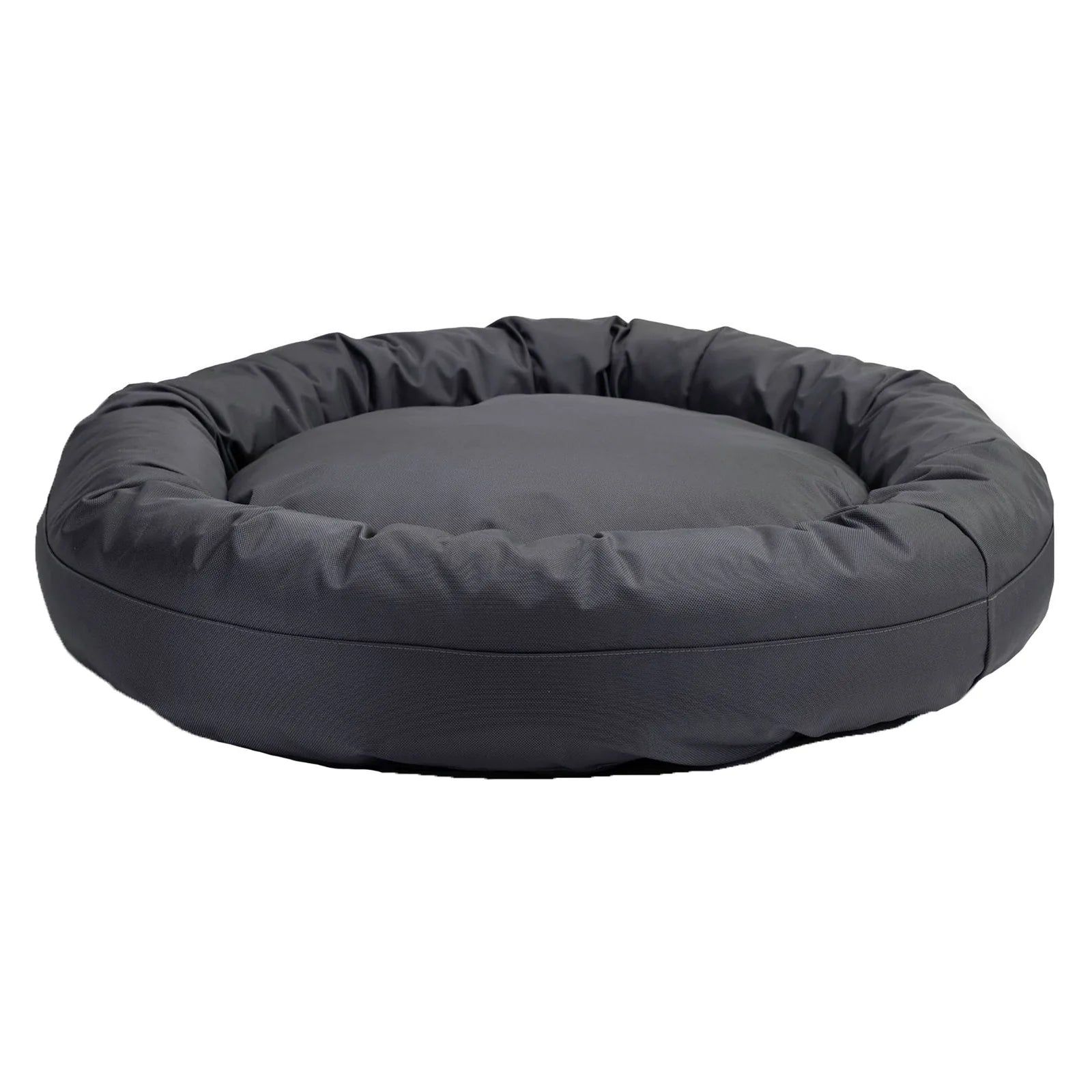 Round, bolstered dog bed in charcoal with durable nylon fabric for comfort and support. Perfect for relaxing pets.