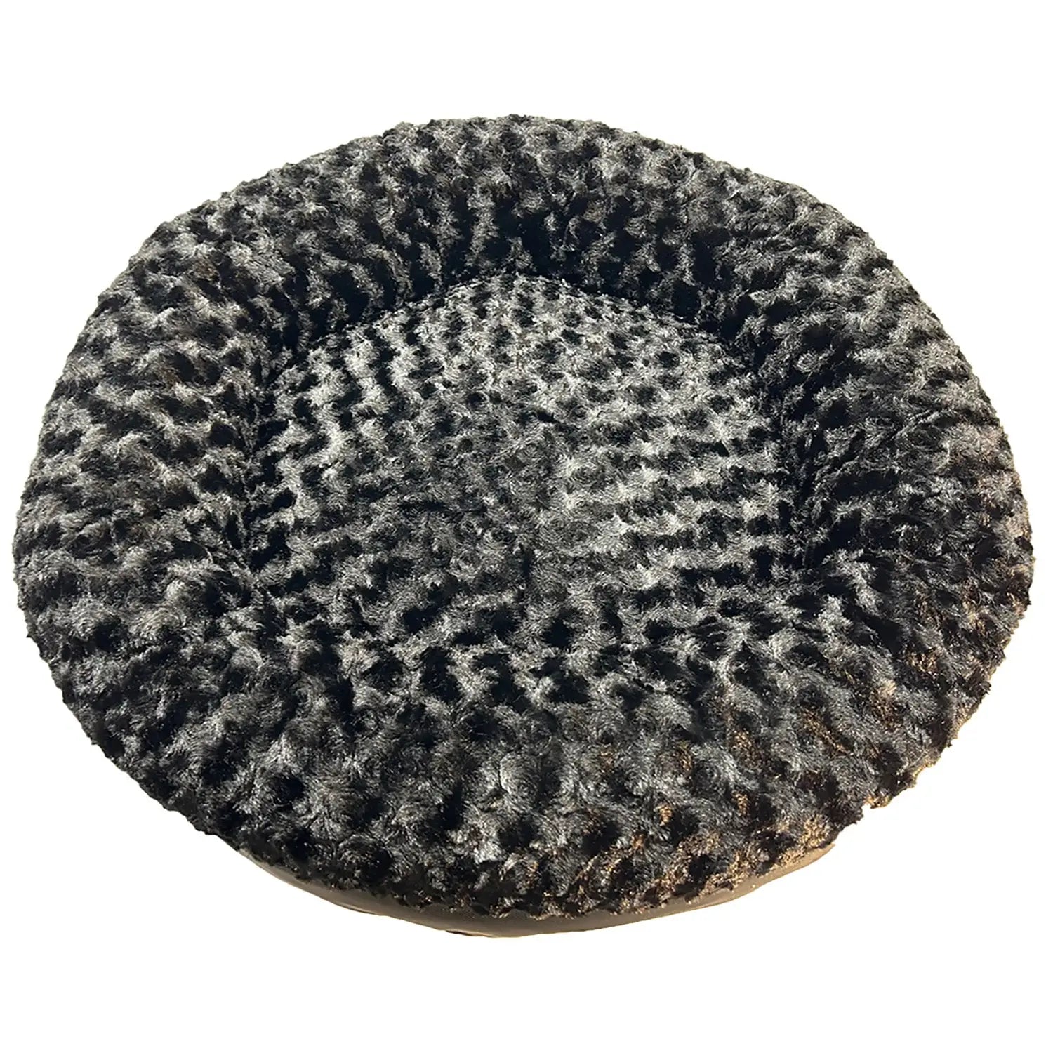 Round bolstered dog bed in plush charcoal fur, featuring a cozy nest-like design for added comfort and support.