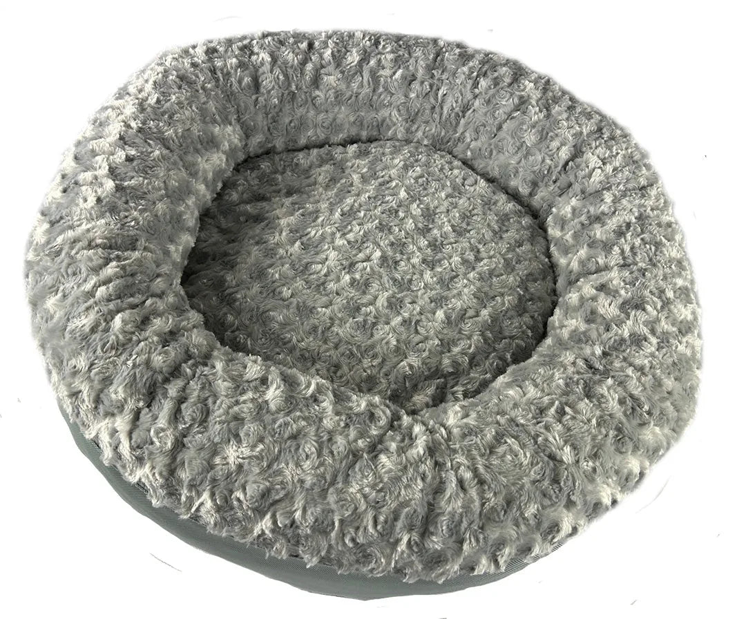 Round bolstered dog bed in soft gray Minky Rose Fleece with an inviting, cozy design perfect for dogs to rest.