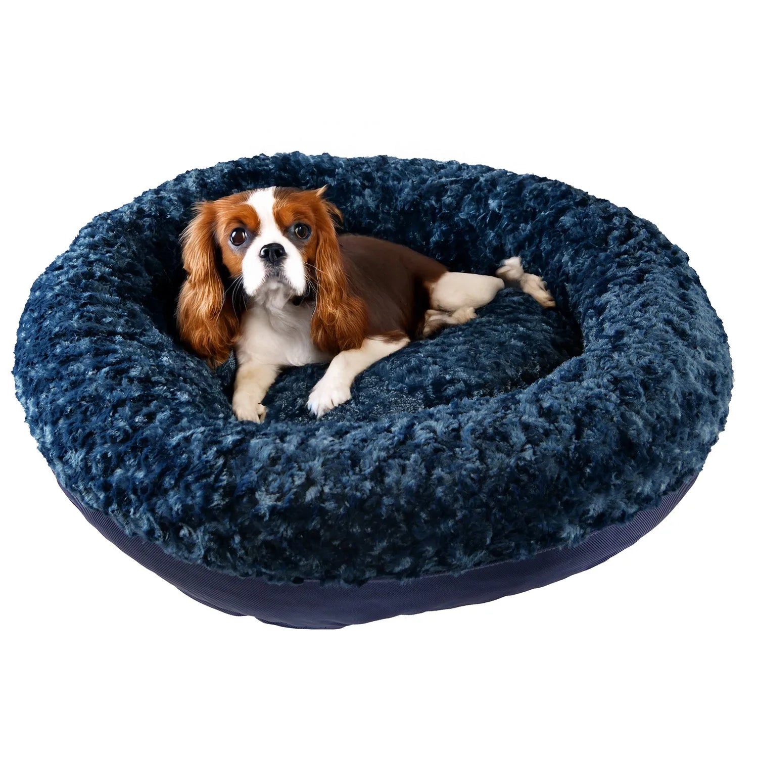 Cozy round bolstered dog bed in dark blue plush, featuring a supportive design perfect for relaxation.