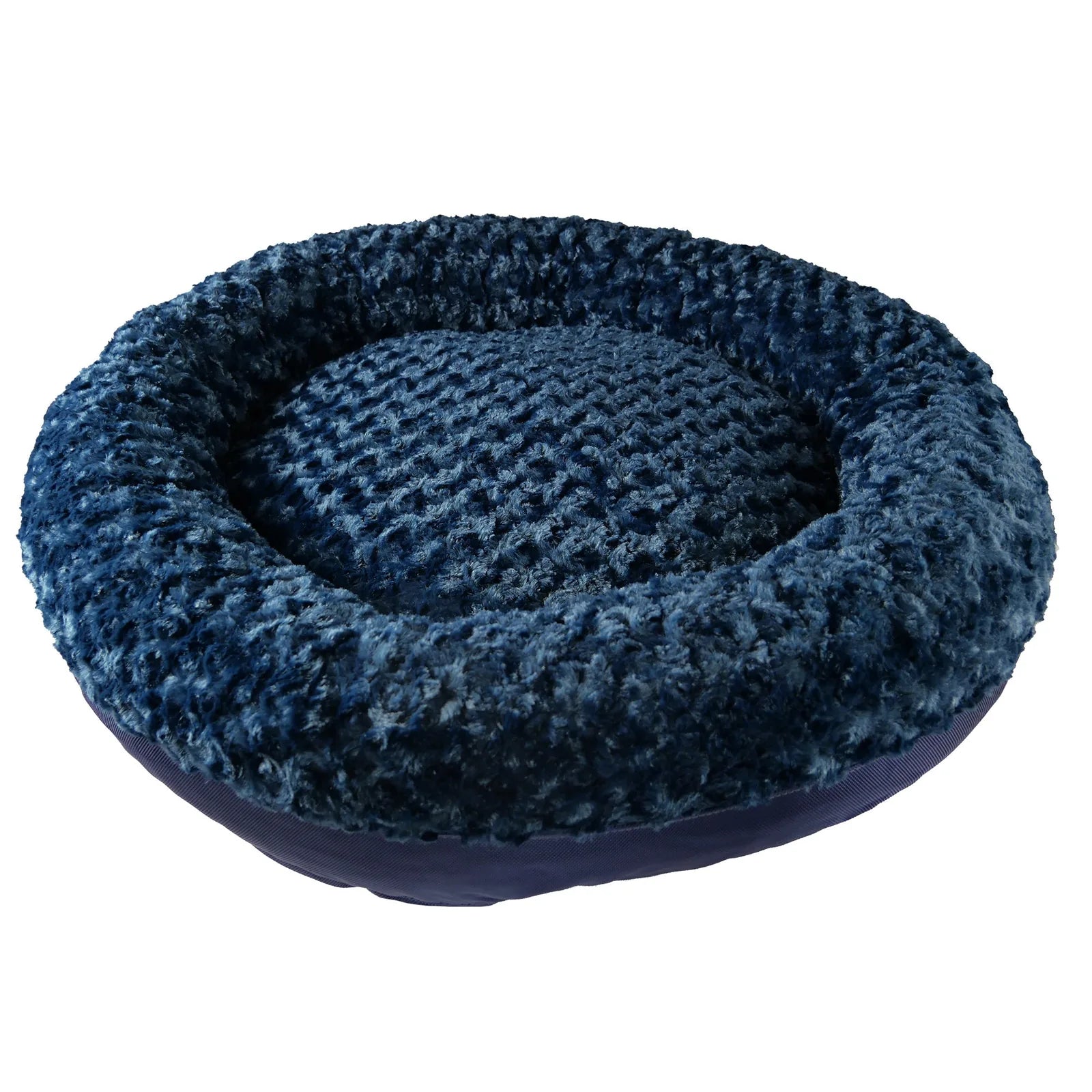 Round bolstered dog bed in deep navy with soft Minky Rose Fleece and sturdy nylon bottom, ideal for cozy naps.