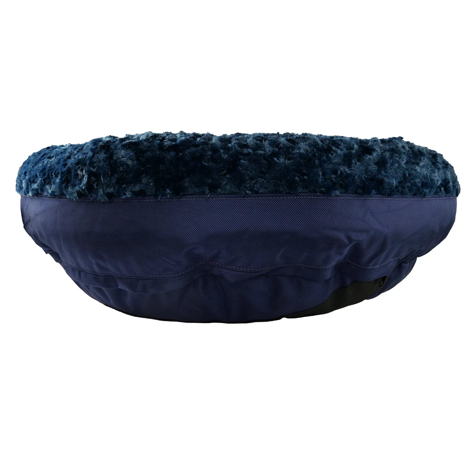Round navy dog bed with soft, plush top and sturdy nylon bottom, designed for comfort and support.