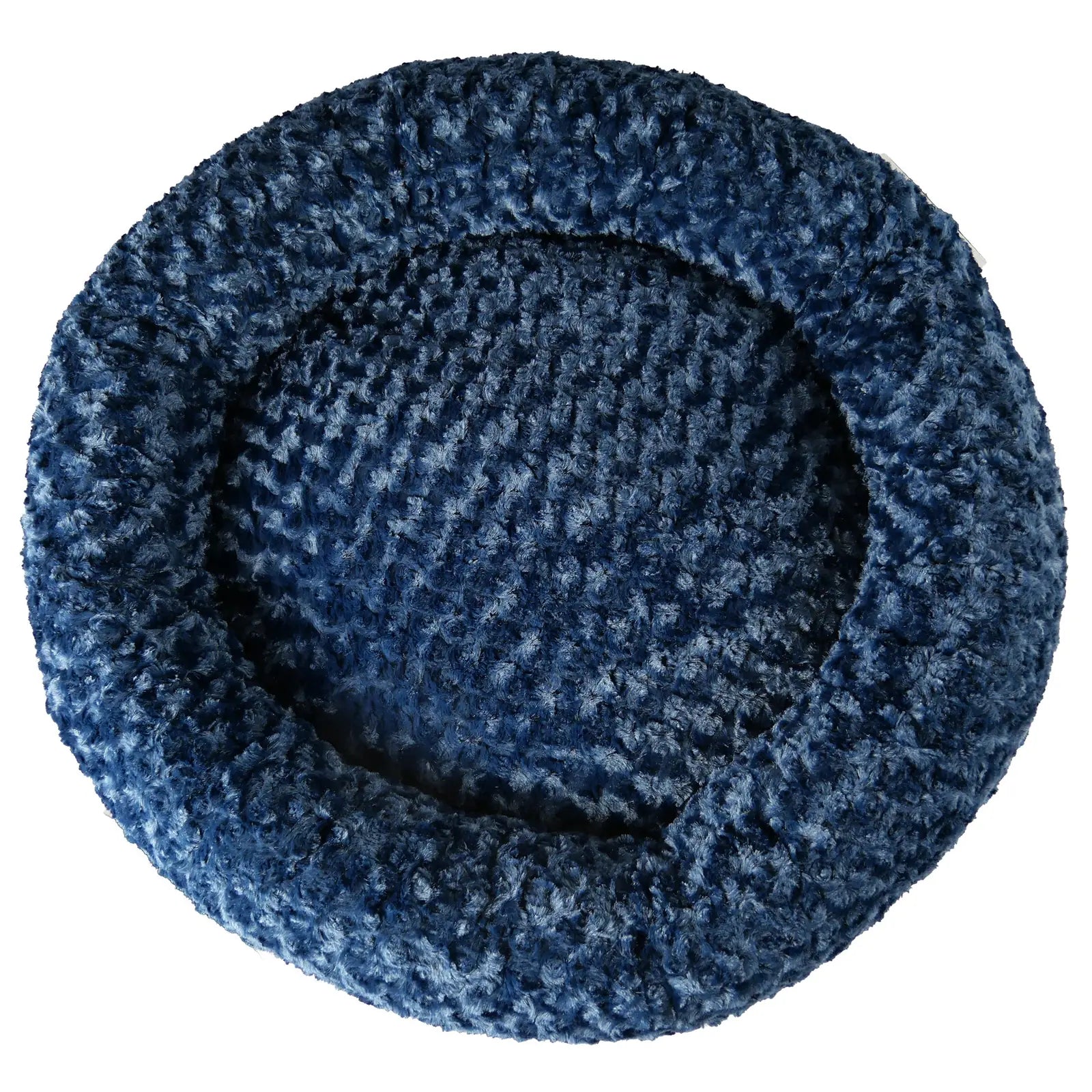 Round bolstered dog bed in deep navy, featuring a soft, plush Minky Rose Fleece cover and cozy nest-like design.