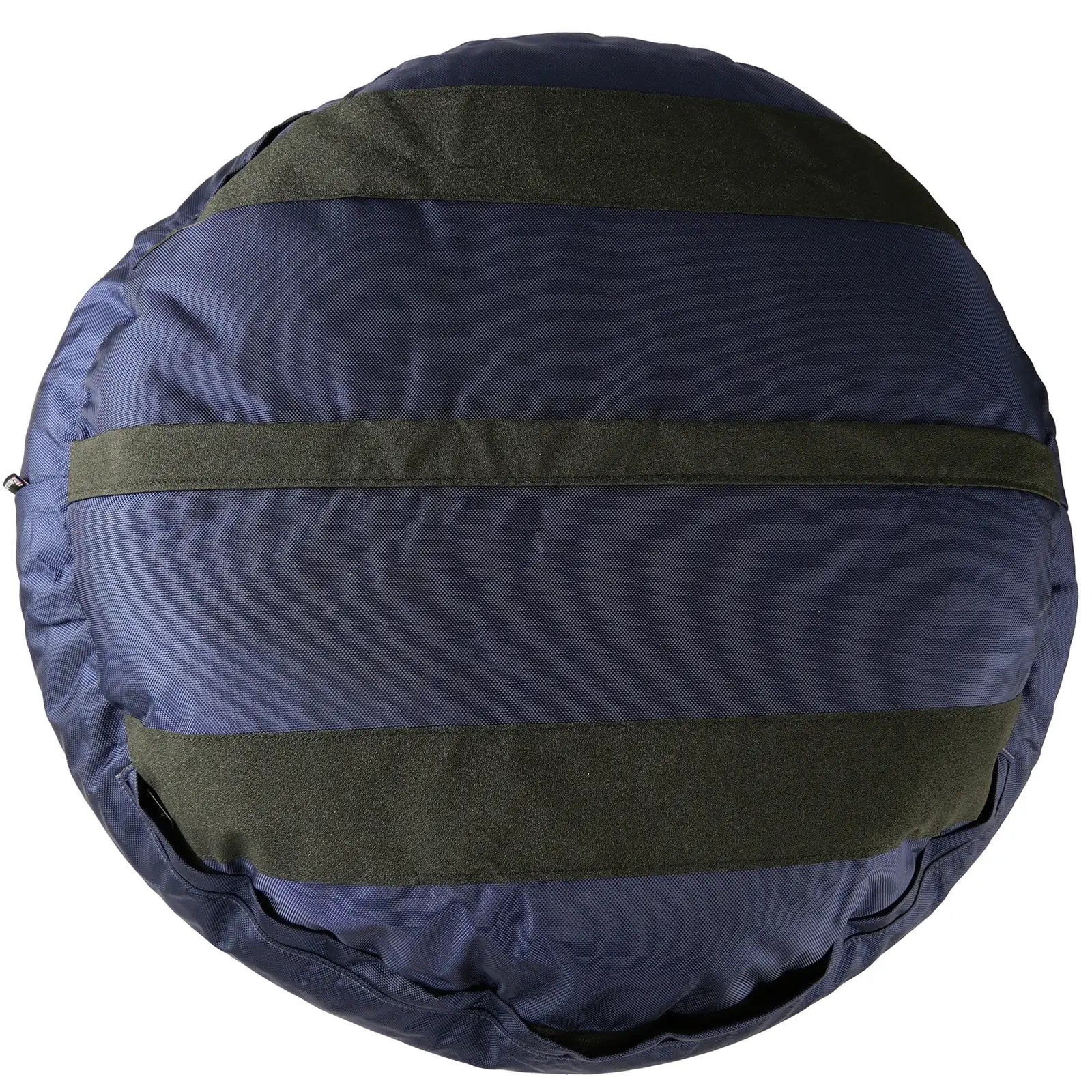Round, navy dog bed with black nylon bolsters, designed for comfort and stability, featuring a durable, non-skid bottom.