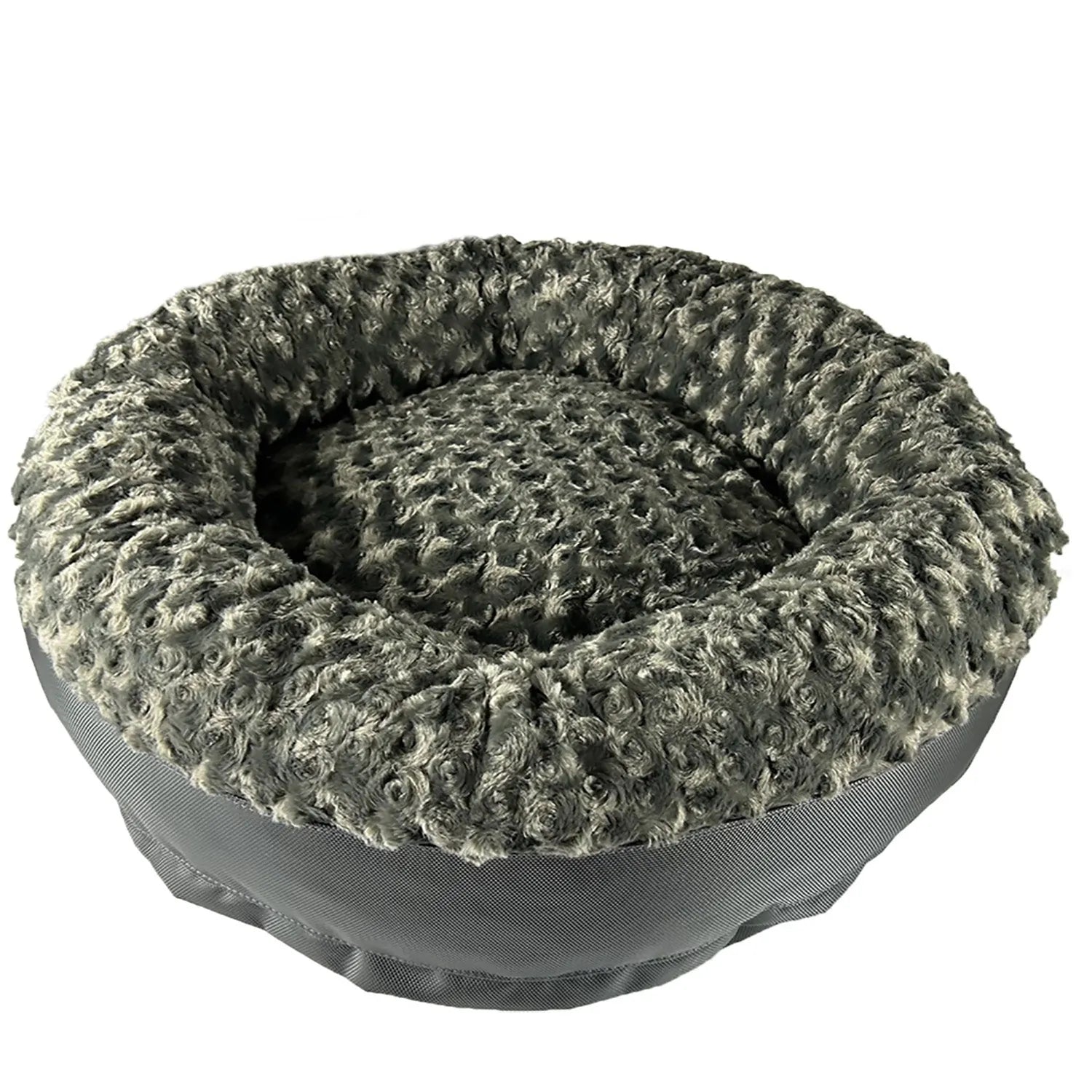 Round bolstered dog bed in charcoal gray, featuring a soft rose fleece cover and sturdy nylon bottom for stability.