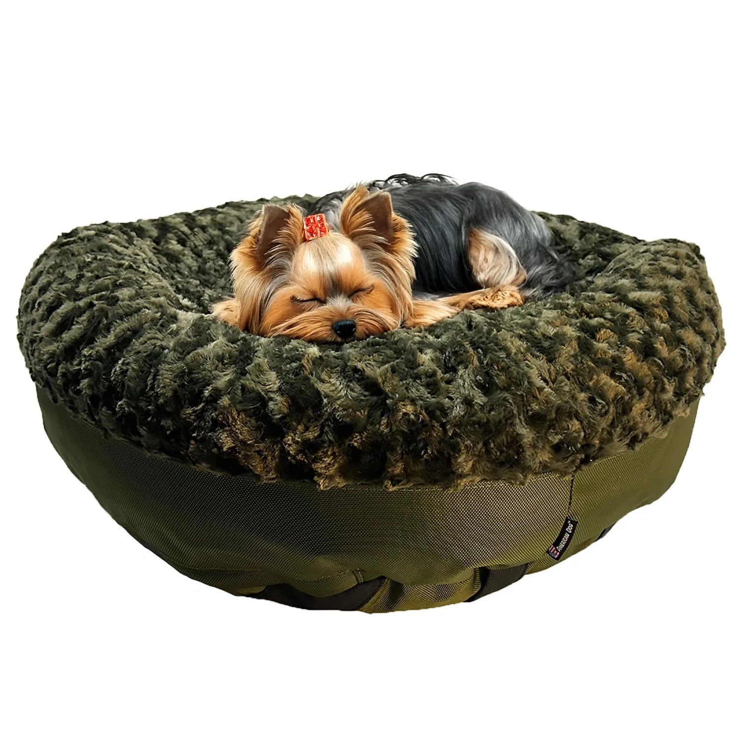 Cozy small charcoal bolstered dog bed with a soft, fluffy outer layer and a resting dog inside.