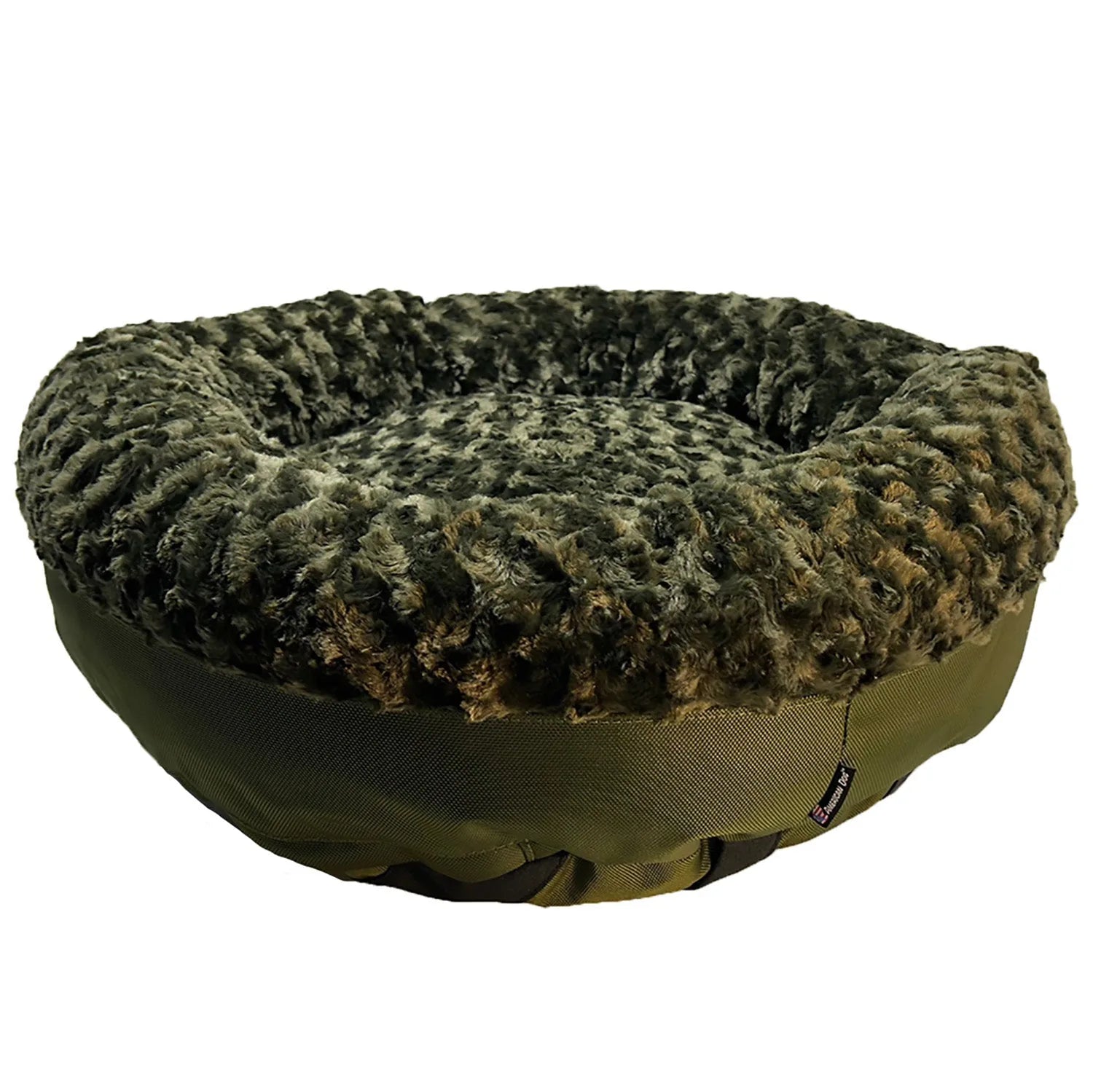 Round bolstered dog bed in olive with a soft, textured fleece surface, perfect for comfort and support.