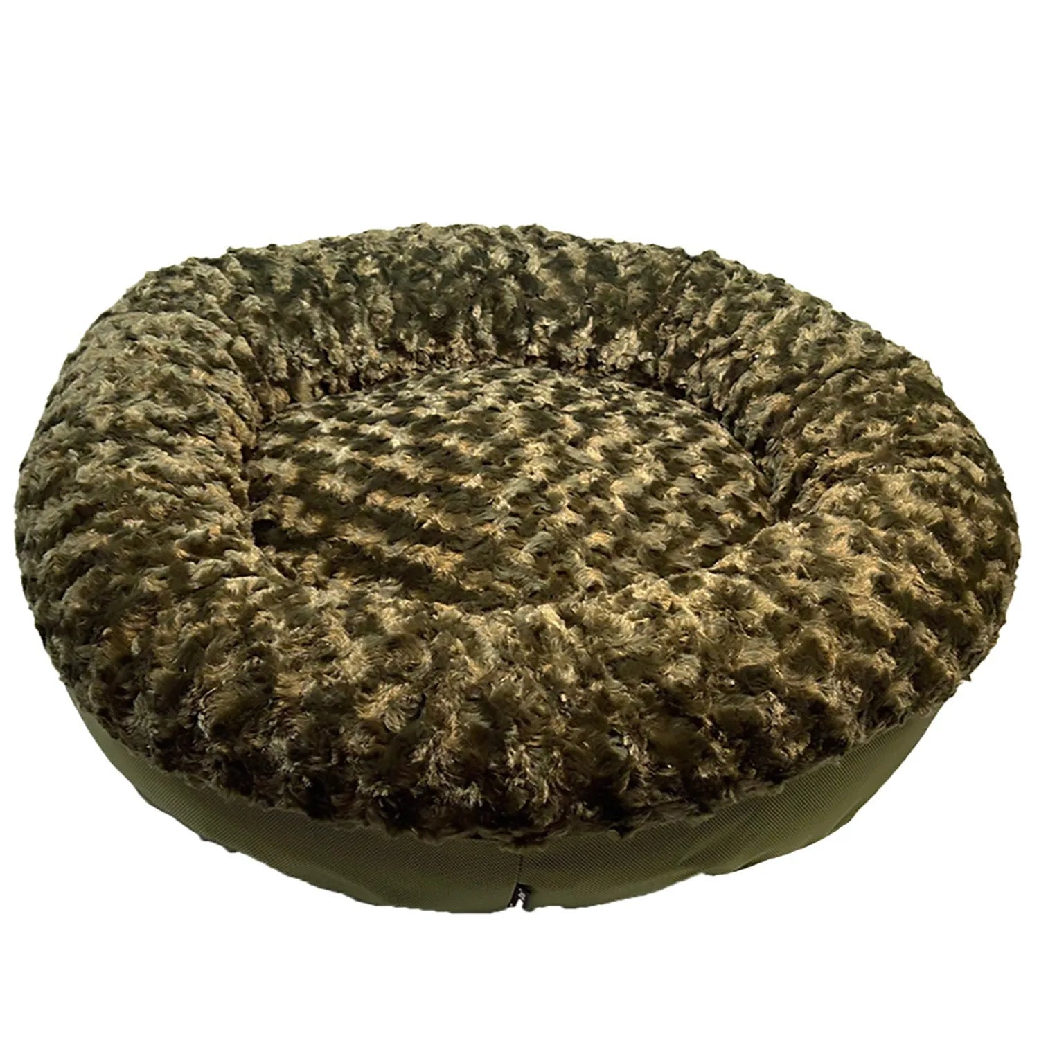 Round bolstered dog bed in olive green with a plush, textured surface, perfect for cozy relaxation and support.