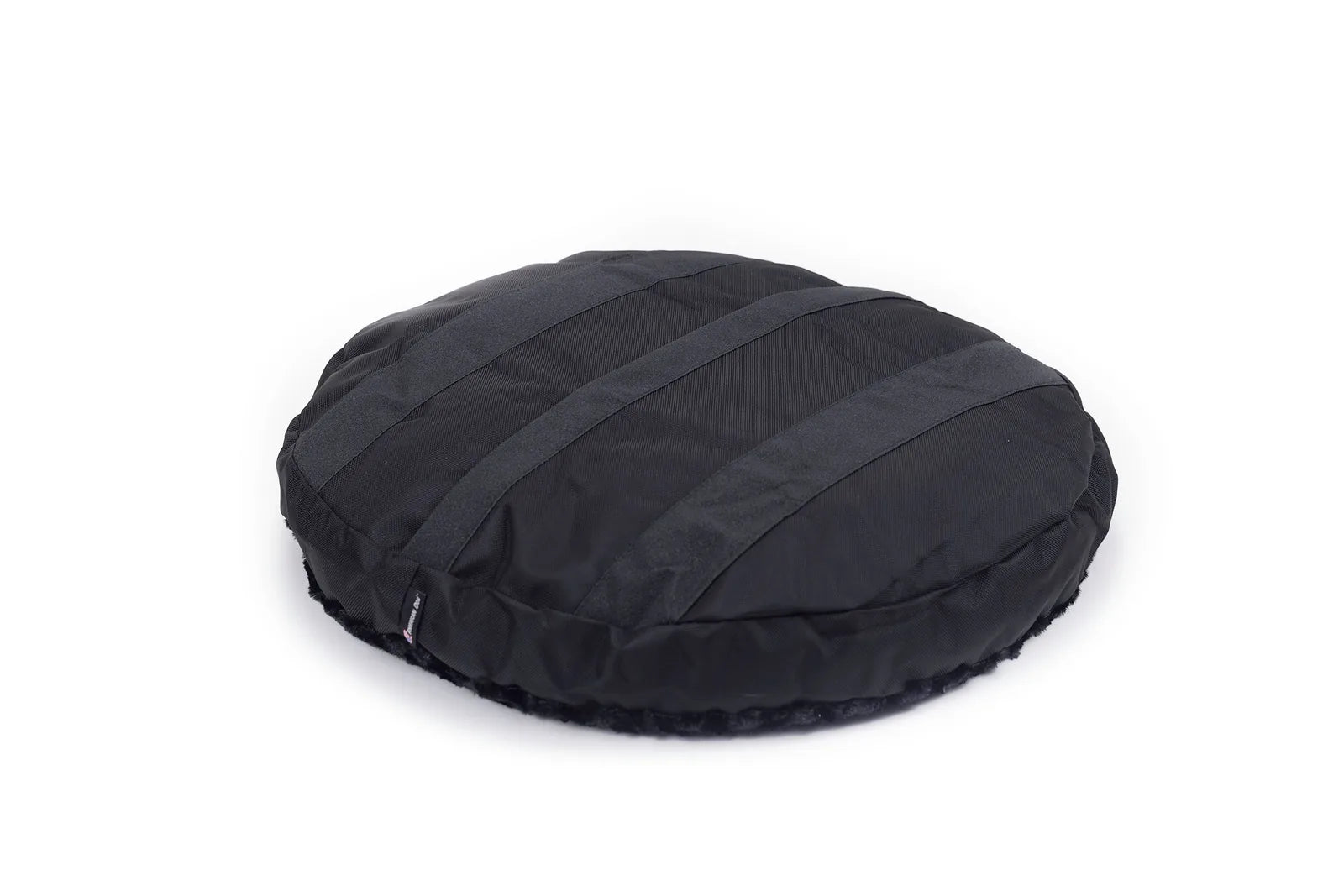Round Furvana Dog Bed in black featuring a soft Minky Rose Fleece cover and durable, non-skid bottom design.