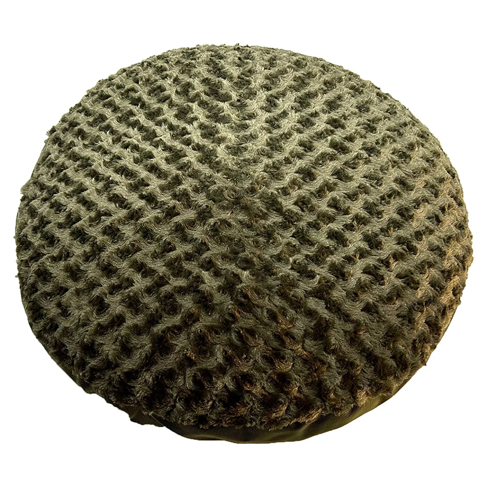 Round Olive Furvana Dog Bed with soft, textured fleece for comfort and durability, perfect for curling up.