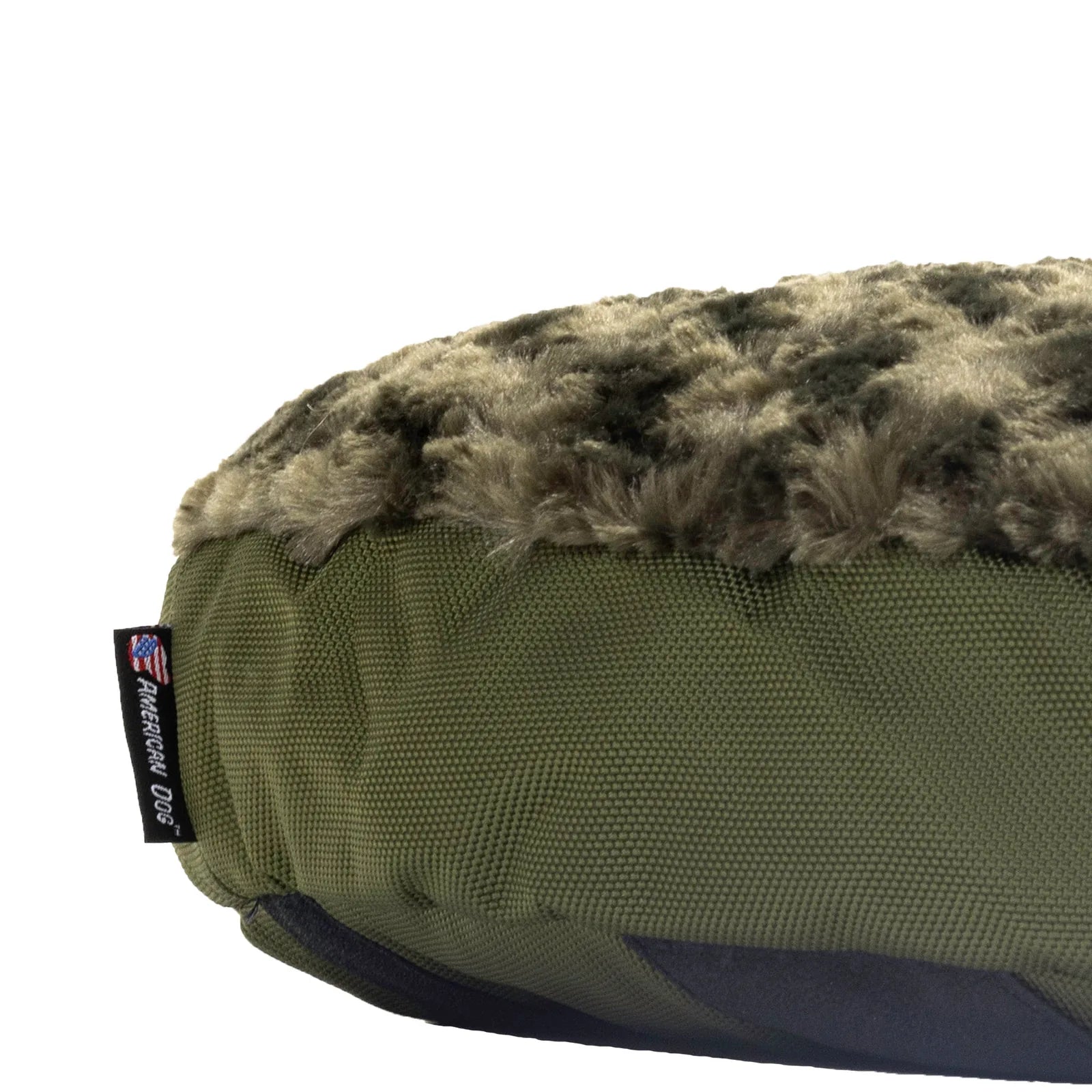 Round Furvana Dog Bed with a plush olive green Minky Rose Fleece top and sturdy ballistic nylon bottom.