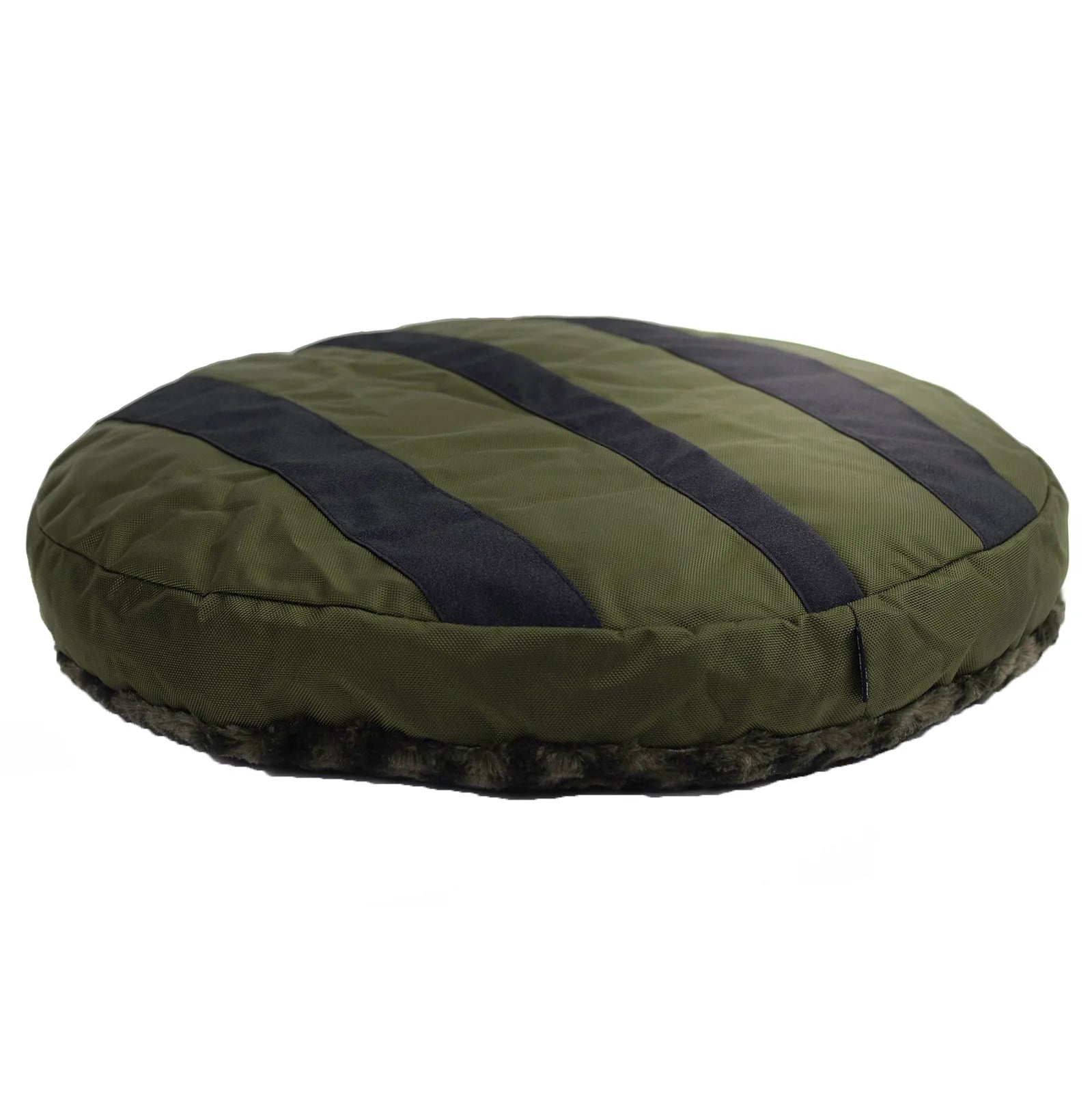 Round Furvana Dog Bed in olive green with black stripes, featuring a cozy edge and durable nylon bottom.