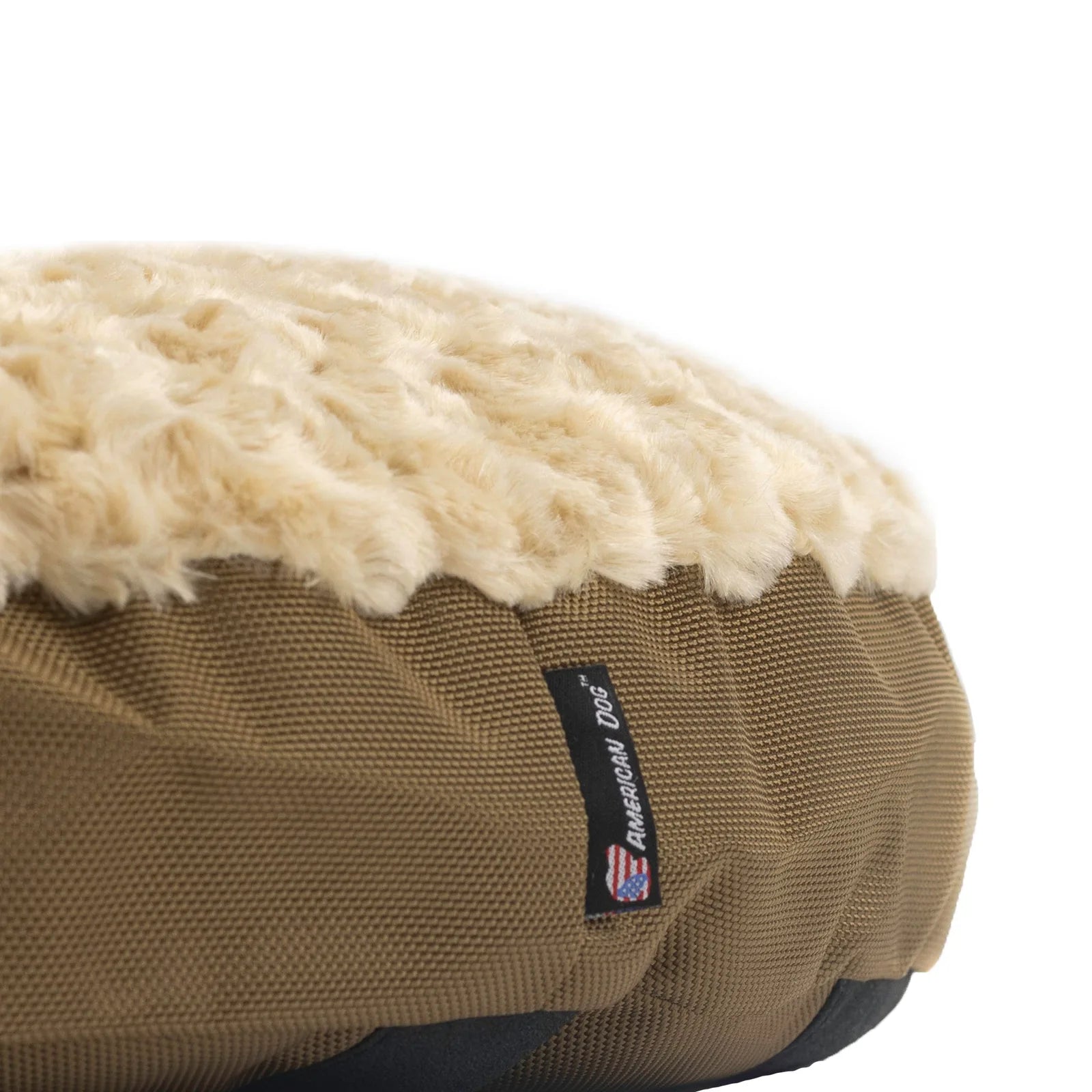 Round Furvana Dog Bed with soft beige Minky Rose Fleece top and durable tan nylon bottom, featuring American Dog tag.