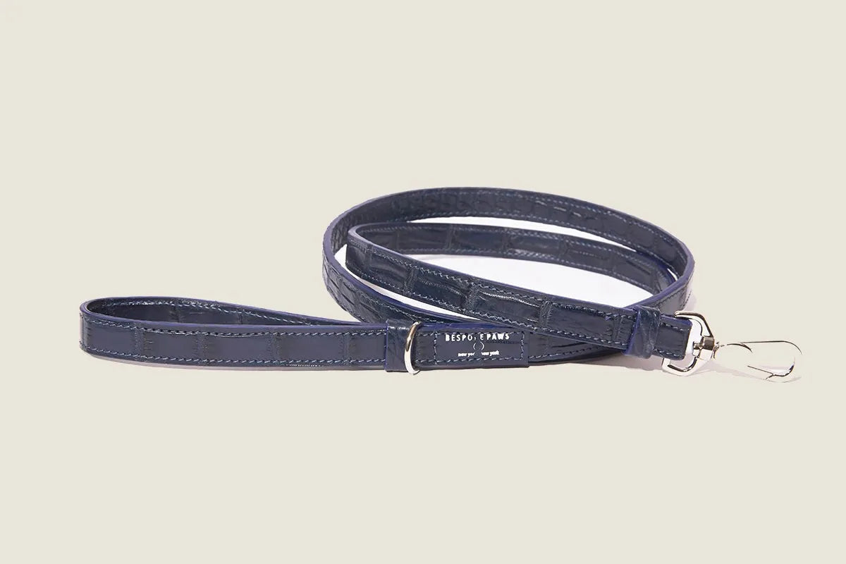 Small navy alligator-pattern dog leash by BESPOKE PAWS, featuring a secure metal clasp and reinforced stitching.