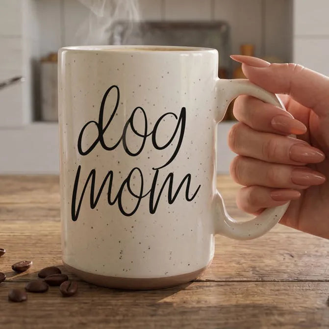 Off-white ceramic mug with dark speckles features "dog mom" graphic, held by a hand over a wooden surface.
