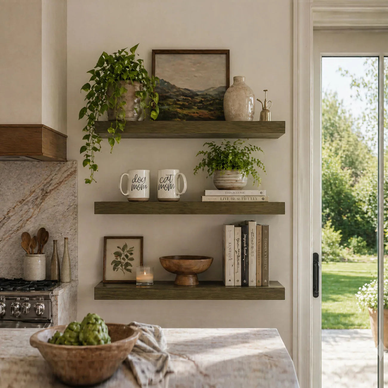 Off-white ceramic mug labeled "dog mom" on a rustic shelf, paired with a "cat mom" mug, greenery, and books.