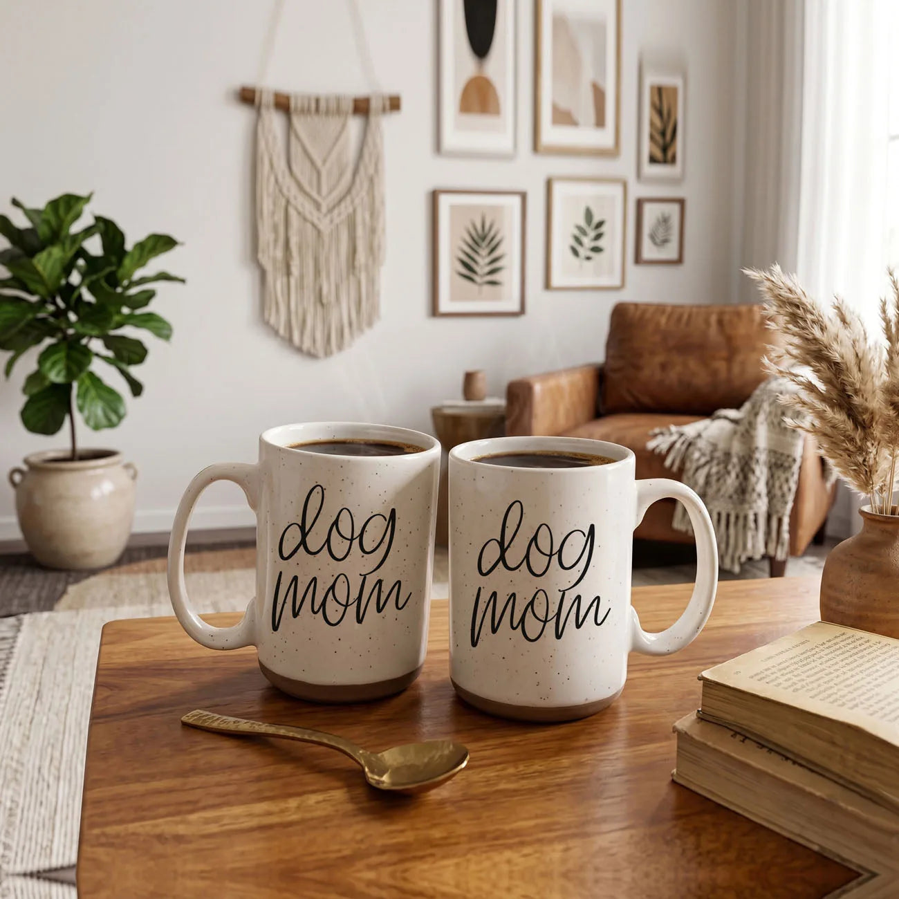 Off-white 16oz ceramic mugs with "dog mom" graphic, featuring speckled design, on a wooden table with a cozy home backdrop.