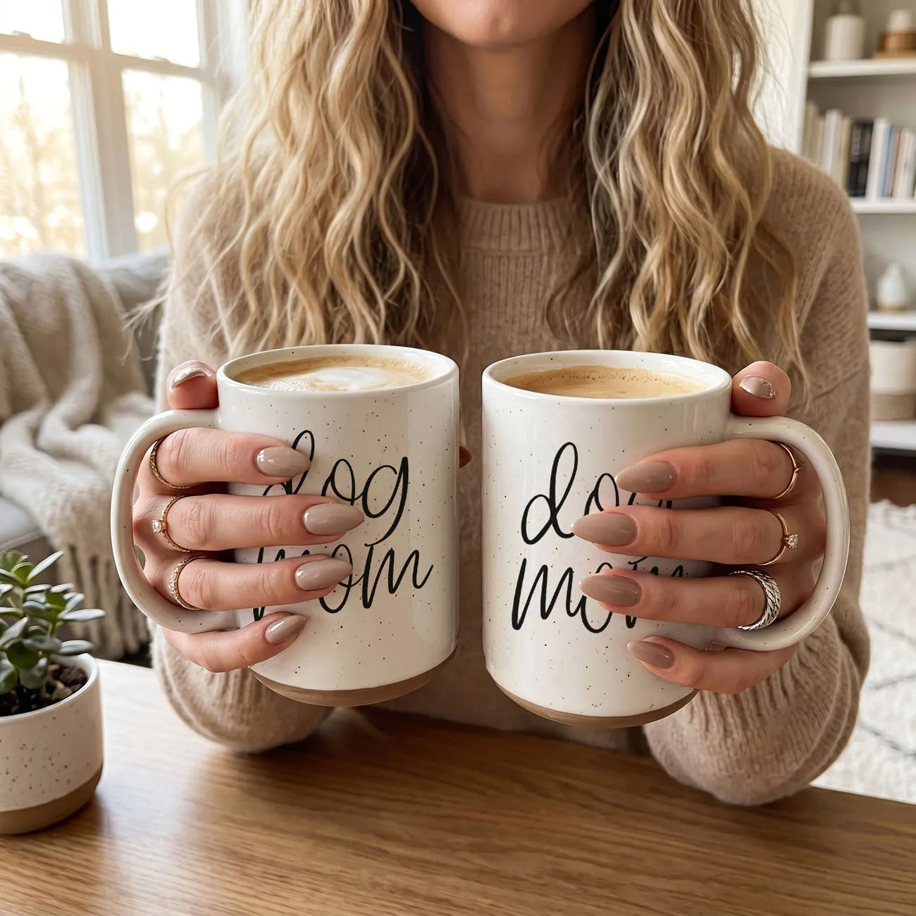 Two off-white ceramic mugs with "dog mom" graphic, held by a person with long, wavy hair and neutral nails.