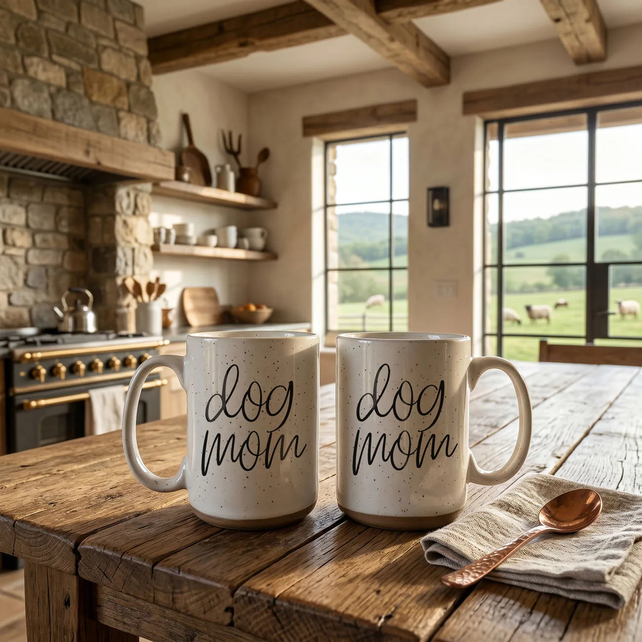 Off-white ceramic coffee mugs with "dog mom" graphic, featuring speckled design, on a rustic wooden table.
