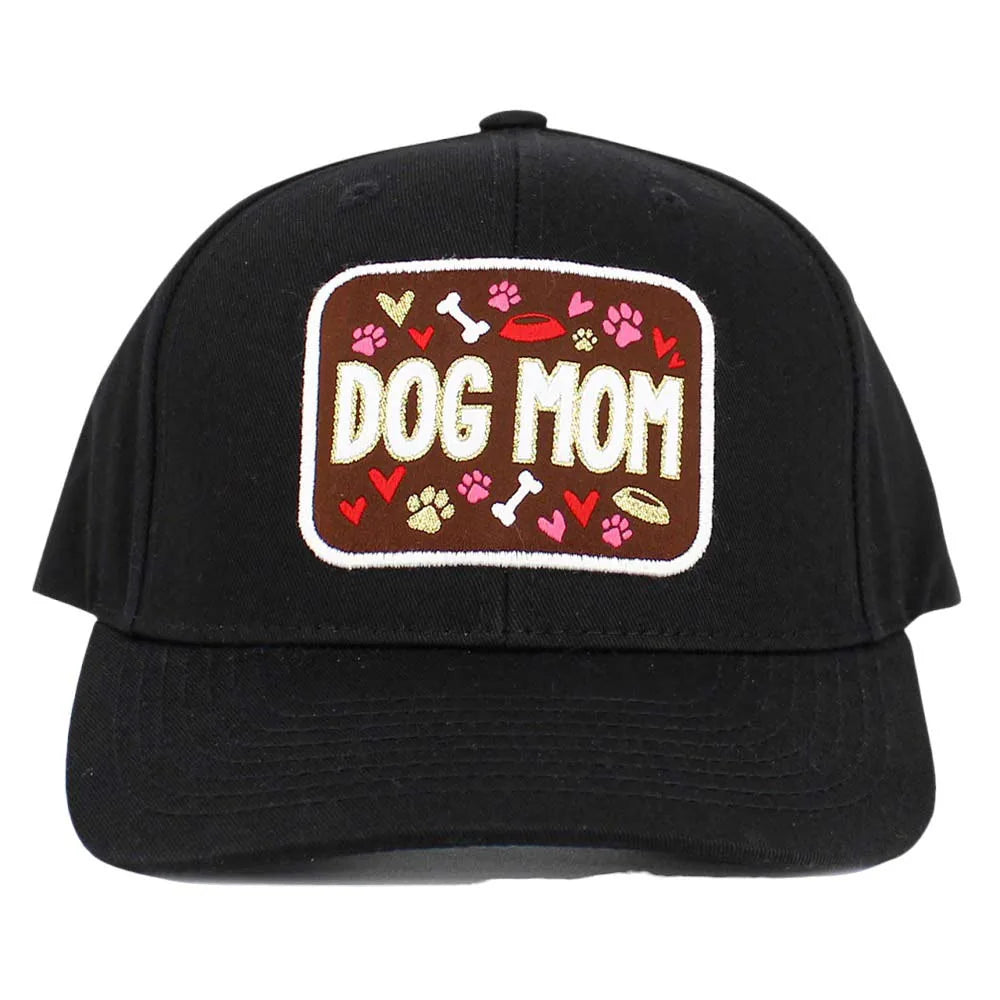 Black adjustable baseball cap featuring a colorful "DOG MOM" design with hearts and paw prints.