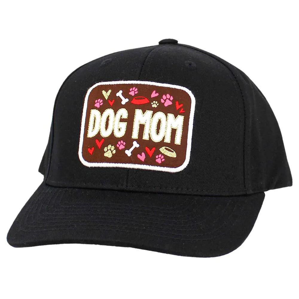Black baseball cap with "DOG MOM" embroidery and playful dog-themed designs in pinks and gold.