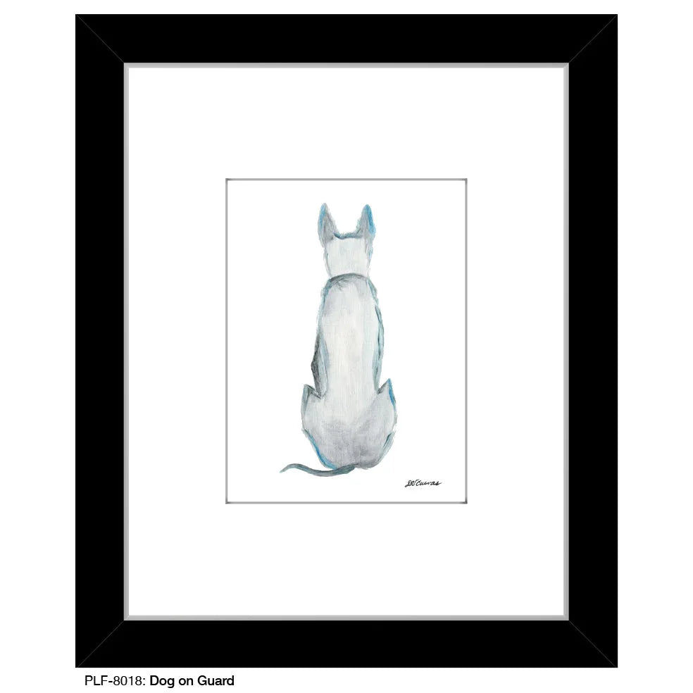 Framed print of a seated dog in soft gray and blue tones, showcasing its alert posture and artistic detail.